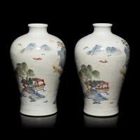 A Pair of Chinese Famille Rose 'Landscape' Porcelain Vases, 20th Century — 近代 粉彩亭台山水圖梅瓶一對