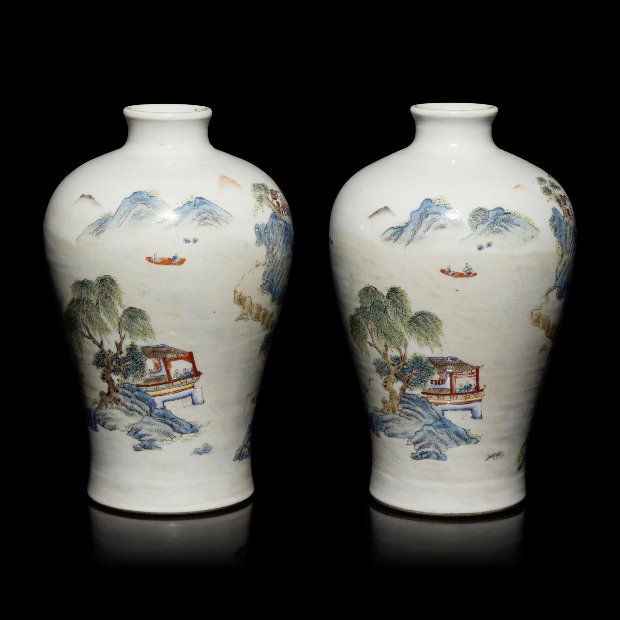 A Pair of Chinese Famille Rose 'Landscape' Porcelain Vases, 20th Century — 近代 粉彩亭台山水圖梅瓶一對