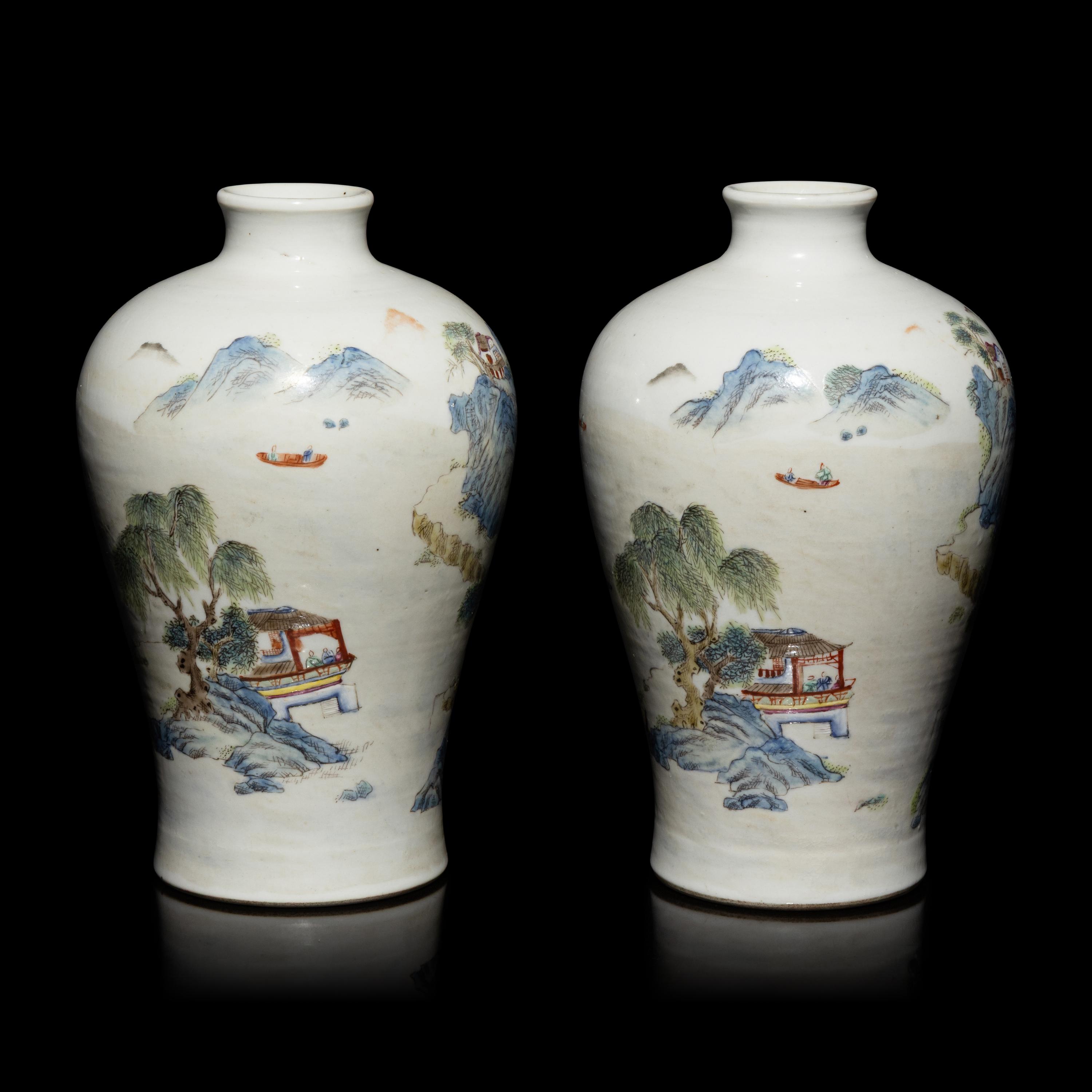 A Pair of Chinese Famille Rose 'Landscape' Porcelain Vases, 20th Century — 近代 粉彩亭台山水圖梅瓶一對