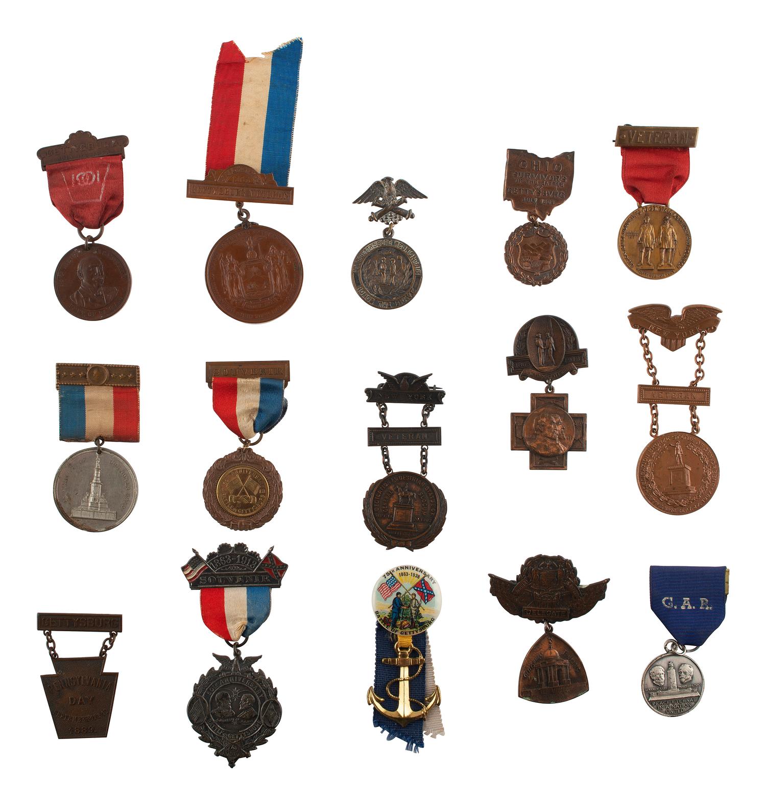 [CIVIL WAR]. A group of 29 GAR medals and ribbons associated with the Battle of Gettysburg, including: