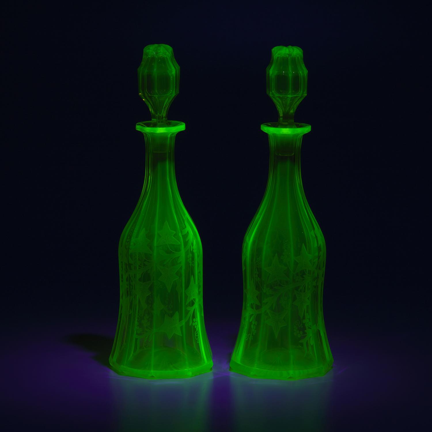 A Pair of English Cut and Etched Uranium Glass Decanters