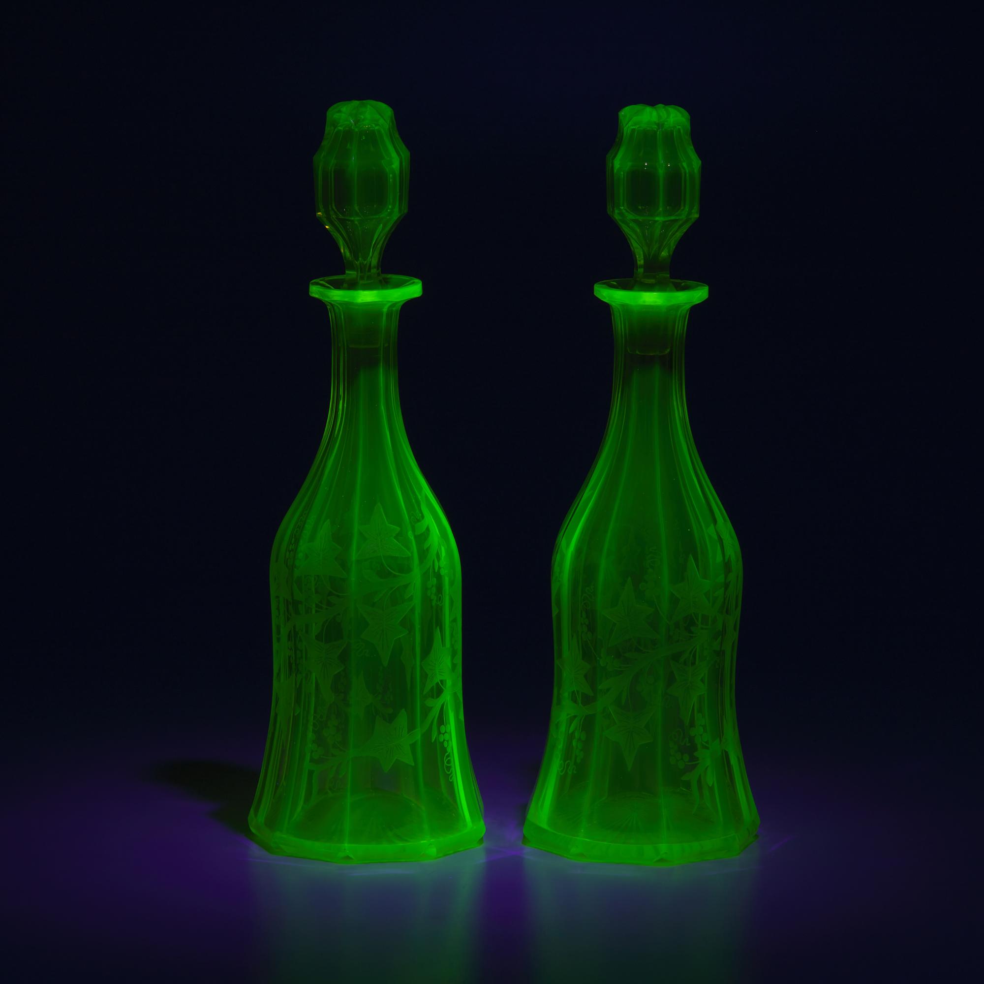 A Pair of English Cut and Etched Uranium Glass Decanters