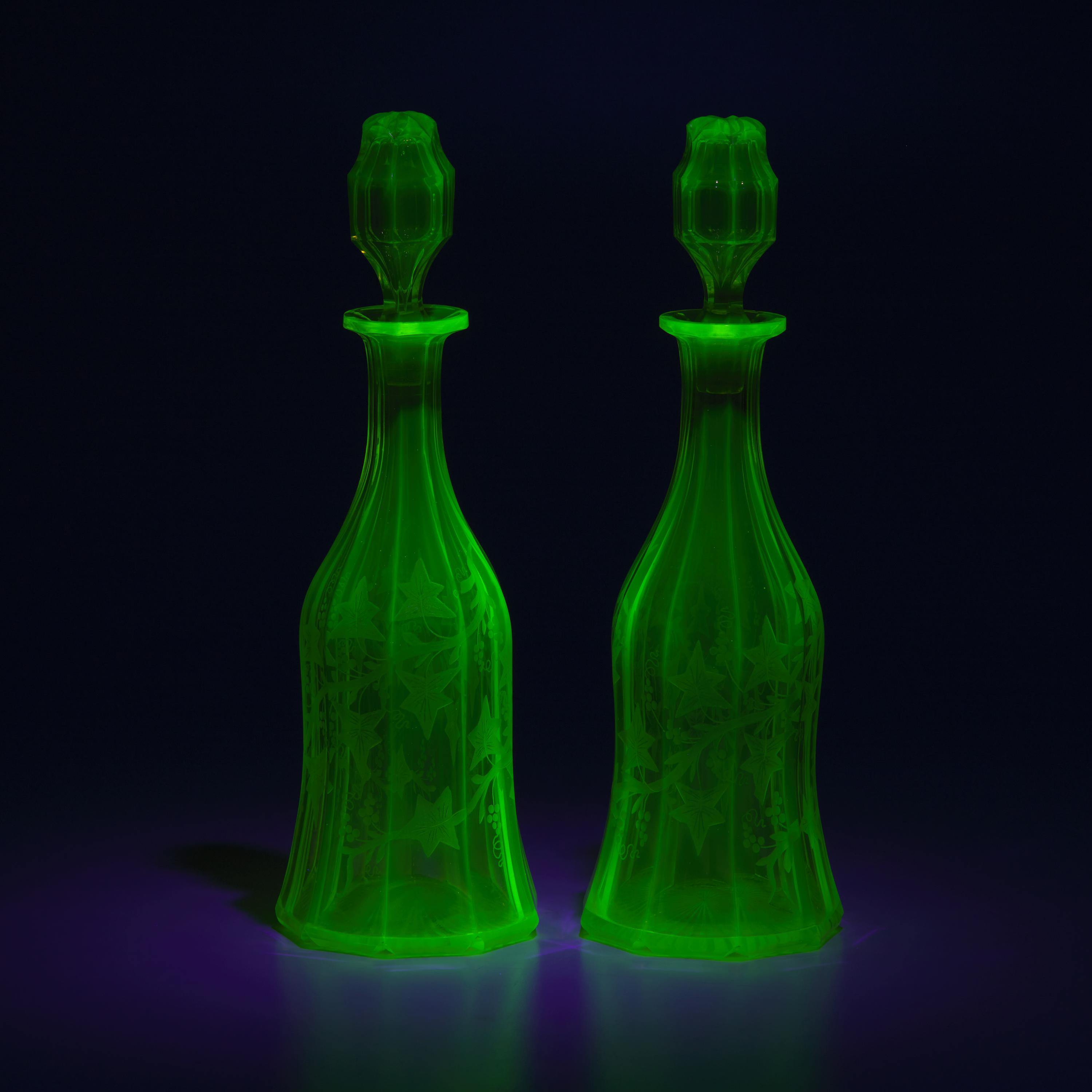 A Pair of English Cut and Etched Uranium Glass Decanters