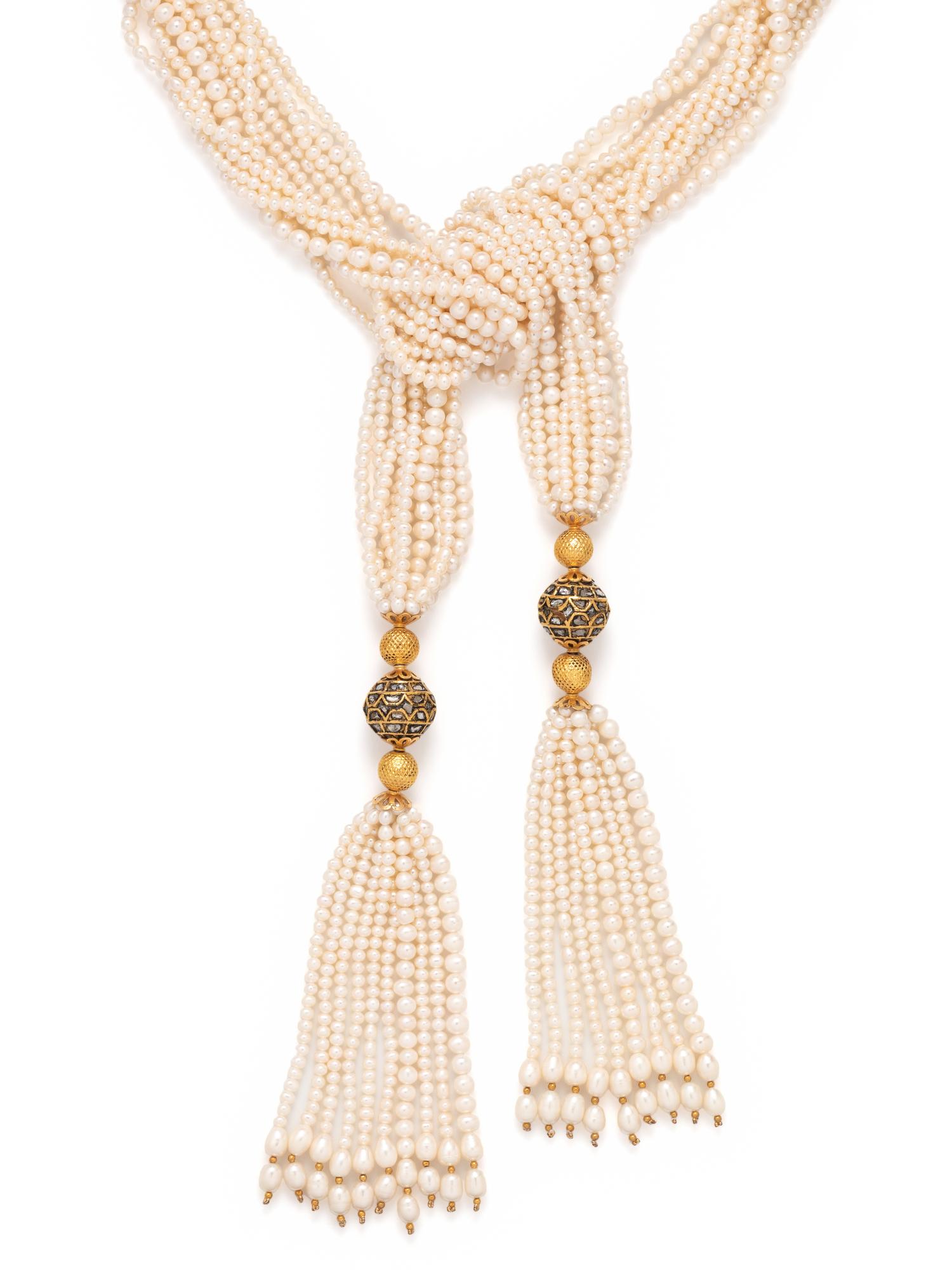 CULTURED PEARL AND DIAMOND MULTISTRAND LARIAT NECKLACE