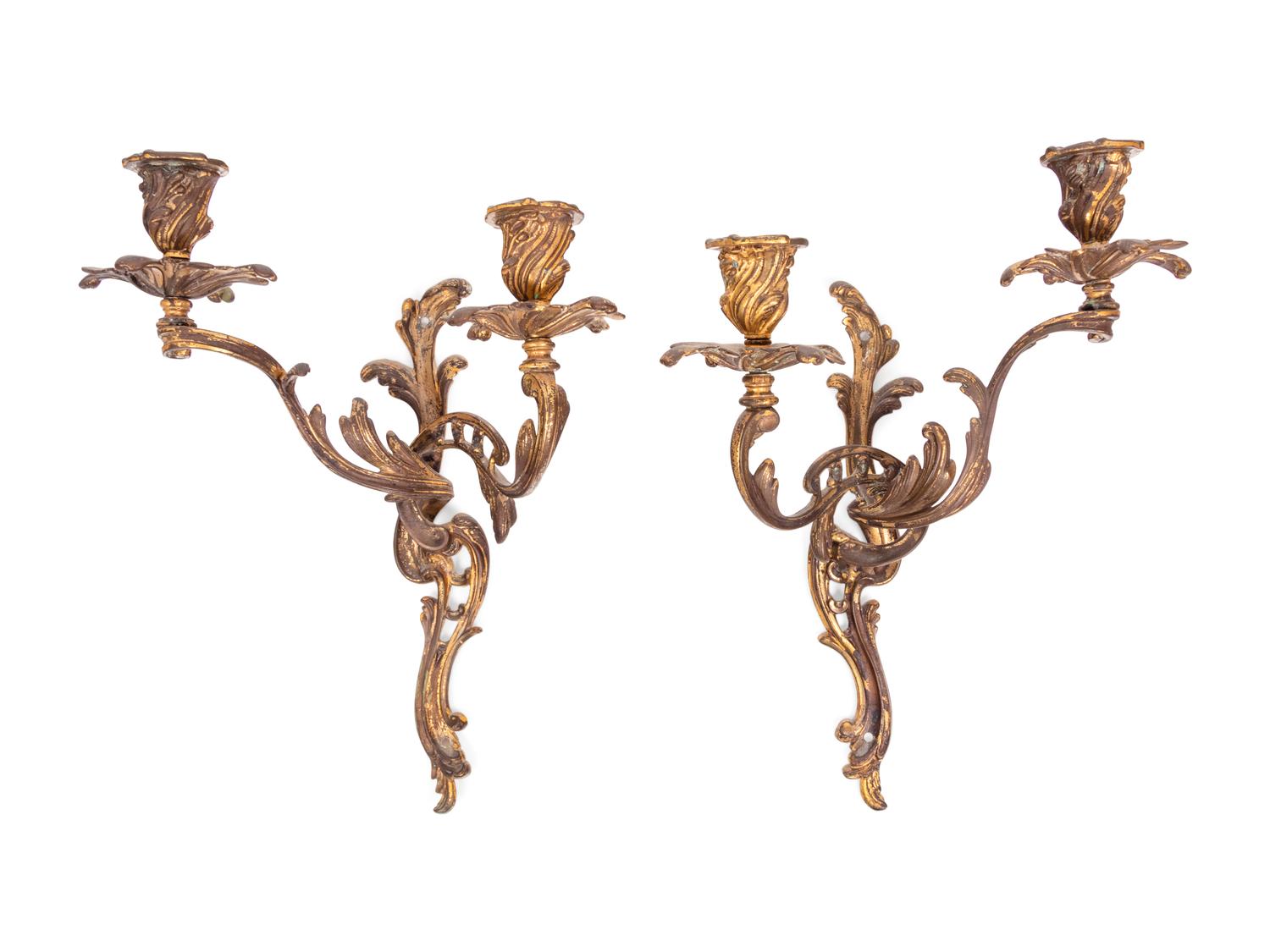 A Pair of Louis XV Style Gilt Bronze Two-Light Sconces