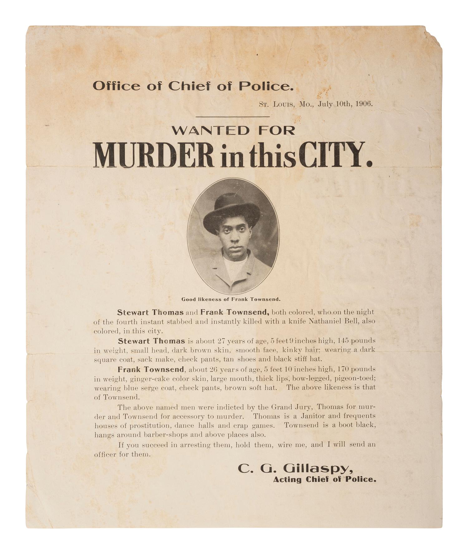 [CRIME & PUNISHMENT]. A group of 3 wanted posters of African American men issued in St. Louis, MO, Detroit, MI, and Montgomery, AL. Ca 1900s-1930s.