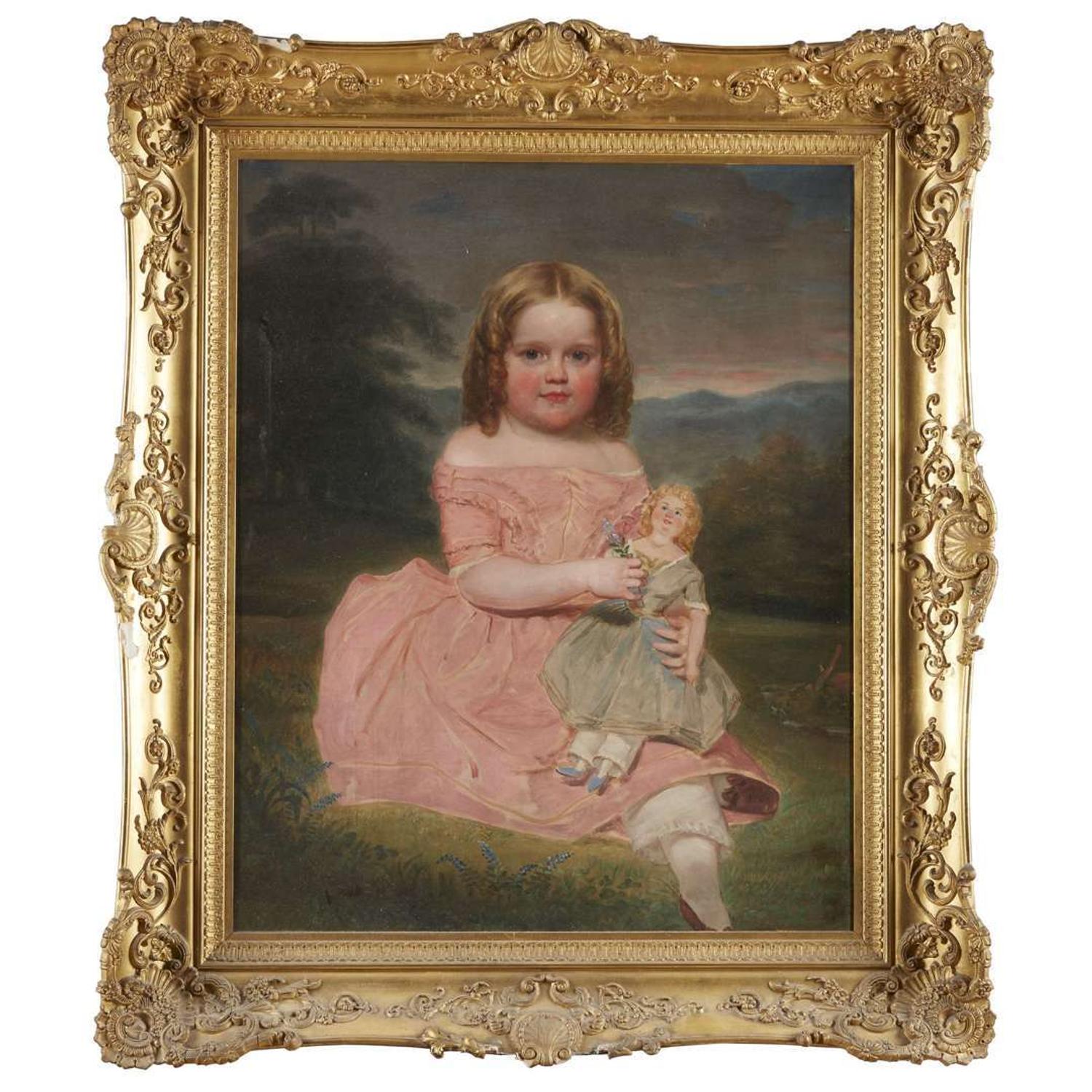 American School 19th century Portrait of a young girl holding a doll