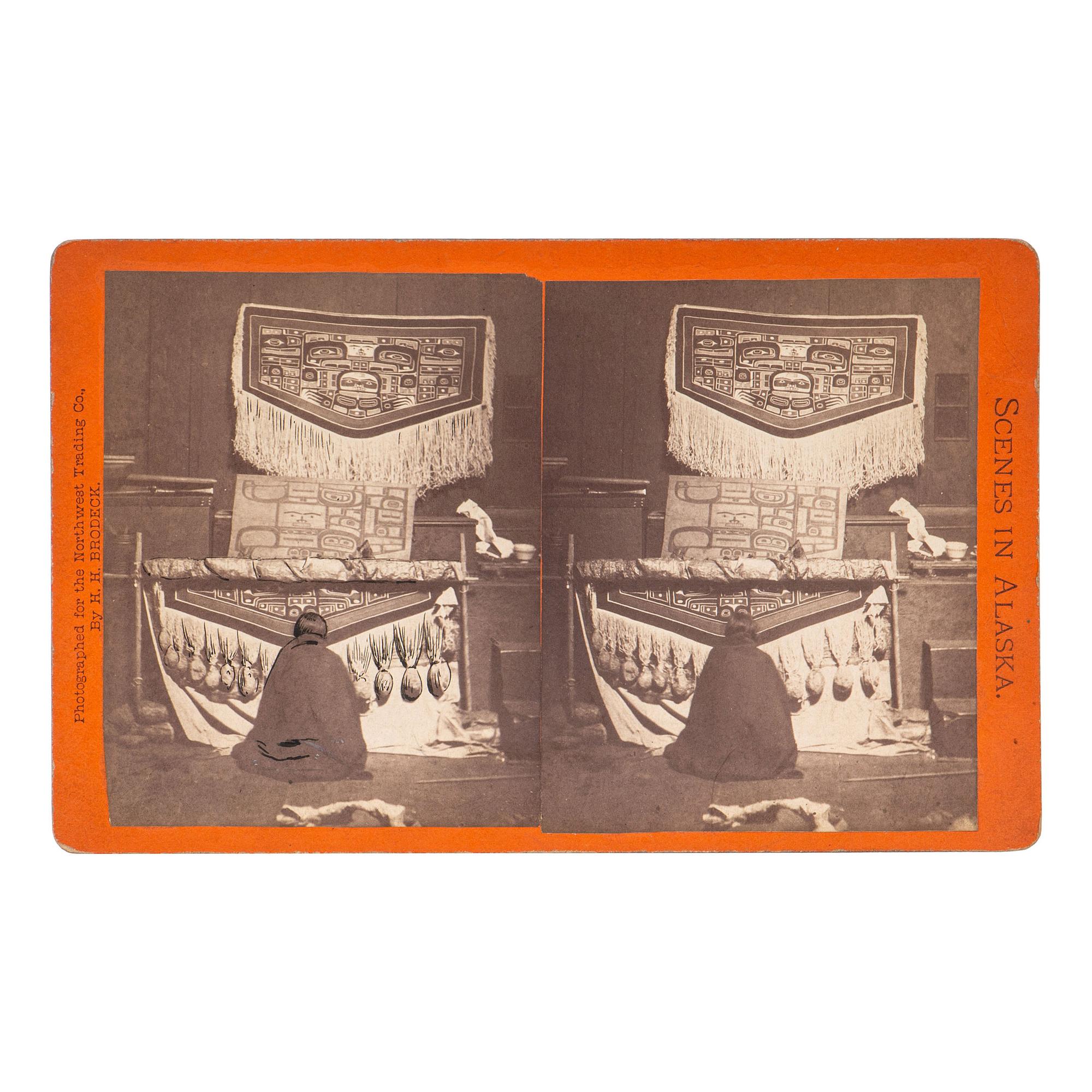 [NATIVE AMERICANS] -- [CRONAU, Rudolf]. BRODECK, H.H., photographer. Stereoview of woman weaving a Chilkat blanket collected by artist Rudolf Cronau. [Sitka, Alaska]: [Northwest Trading Co.], [ca 1880s].