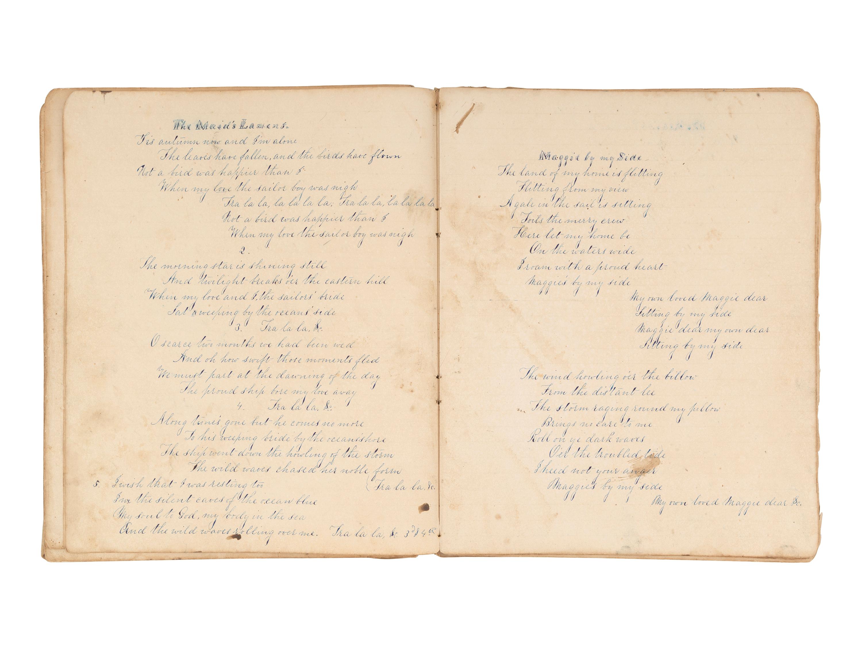 [MARITIME]. Log of the Barques Wavelet , Looling , and J.H. Wills documenting journeys in East Asia, ca 1862-1865. [ With: ] Notebook containing sea shanties and sketches of ships, ca 1862-63.