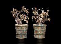 A pair of Chinese hardstone “Flowering Bonsai” in cloisonné jardinieres, 19th to early 20th century 景泰藍花盆寶石盆栽 十九至二十世紀