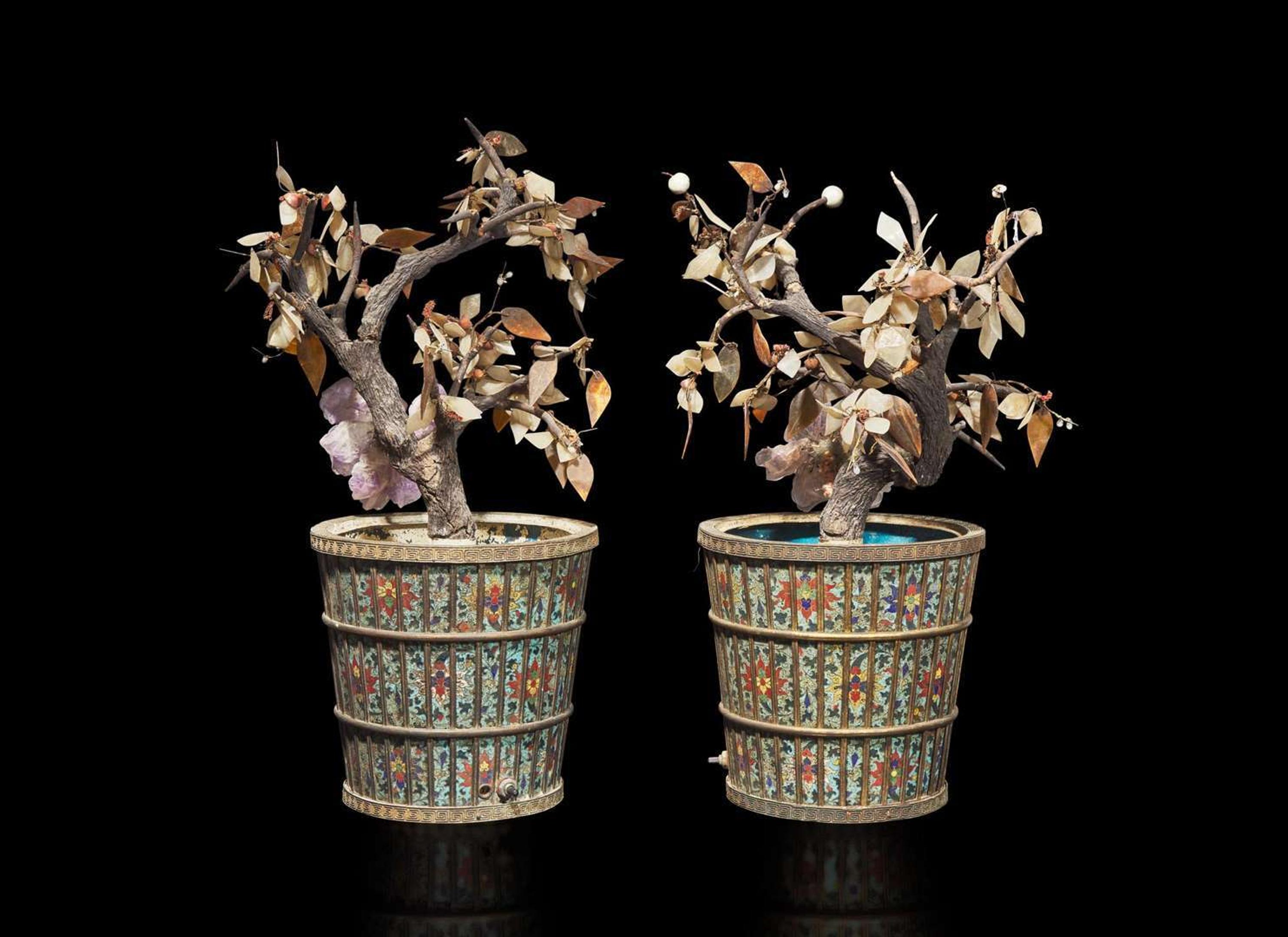A pair of Chinese hardstone “Flowering Bonsai” in cloisonné jardinieres, 19th to early 20th century 景泰藍花盆寶石盆栽 十九至二十世紀