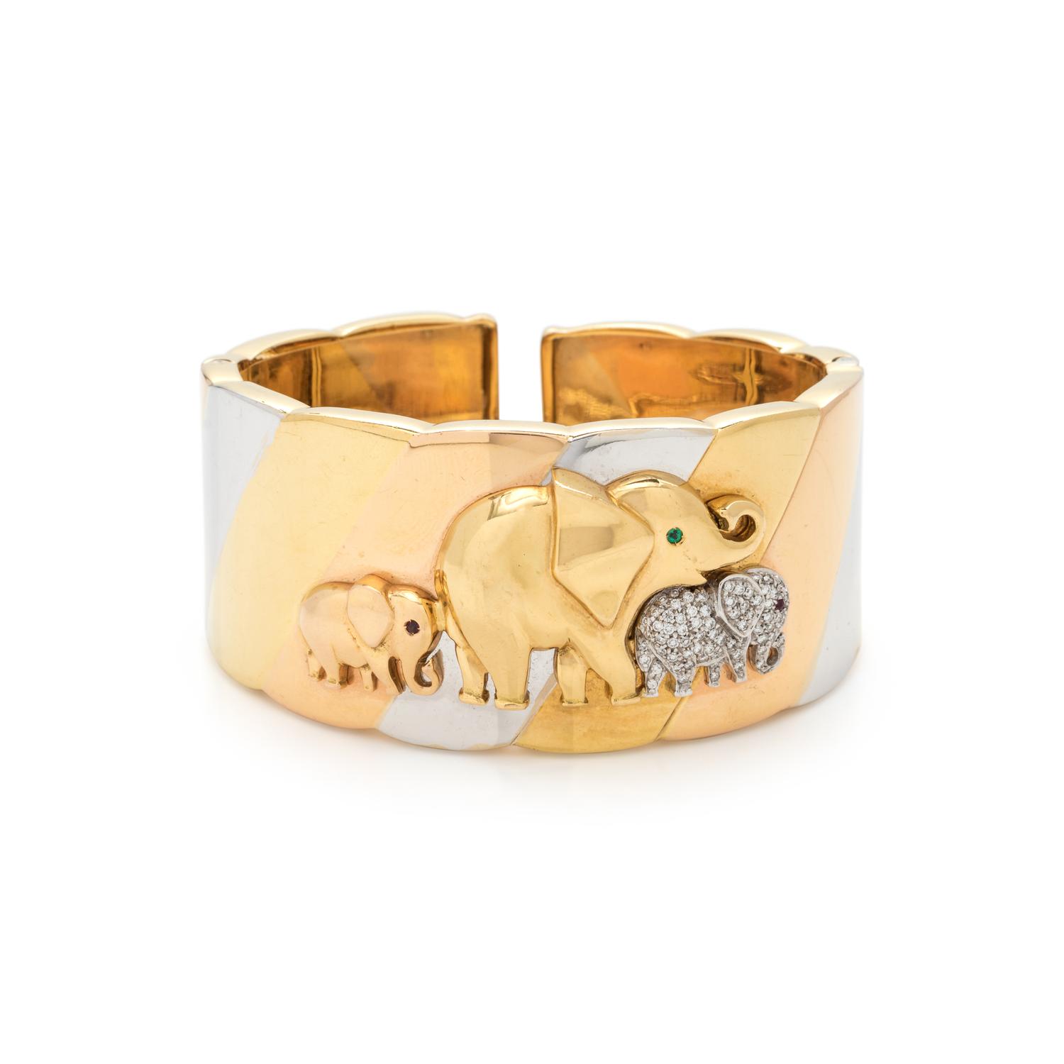 TRICOLOR GOLD AND DIAMOND ELEPHANT CUFF BRACELET