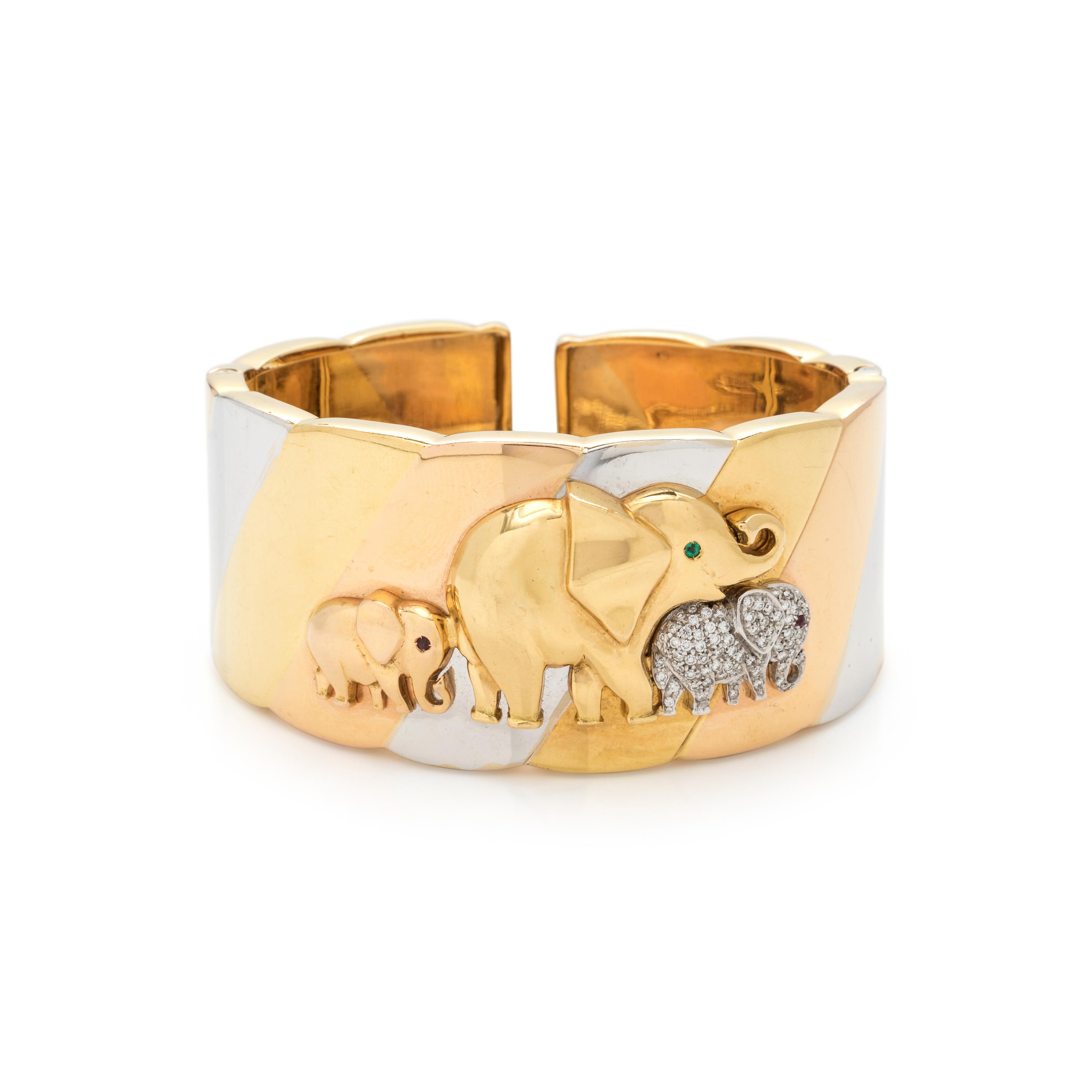 TRICOLOR GOLD AND DIAMOND ELEPHANT CUFF BRACELET