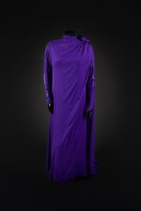 Dress, Earrings and Bag, 1987. Dress designed by Paul Zastupnevitch and made by Western Costume Company in Los Angeles — Worn by Olivia de Havilland at the Golden Globes Awards in 1987 to accept a Golden Globe Award for Best Supporting Actress in a Series, Mini Series or Motion Picture made for TV for her role in ‘Anastasia: The Mystery of Anna’.