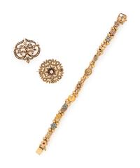 ANTIQUE, YELLOW GOLD SLIDE BRACELET AND TWO SEED PEARL BROOCHES