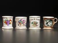 Four Porcelain Shaving Mugs with Fruit and Floral Decoration