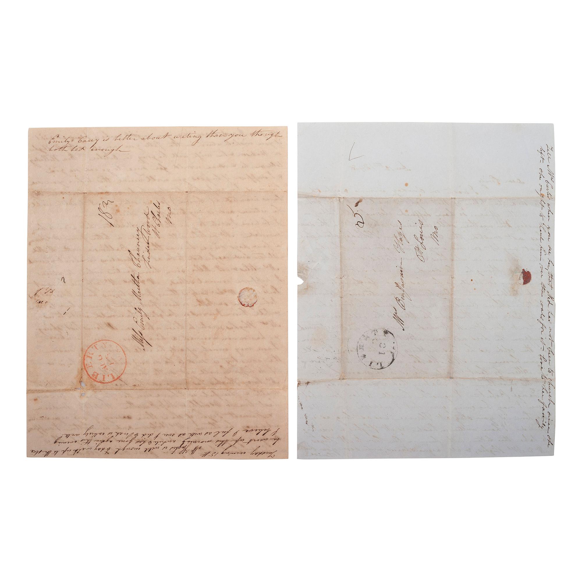 [OUTLAWS & LAWMEN]. A group of 4 items, highlighted by: RALSTON, Sam (1809-1899). Autograph letter signed ("Sam Ralston") to son-in-law, Frank James. Independence, MO, 8 April 1883. 2 pages, 7 3/4 x 12 1/2 in.