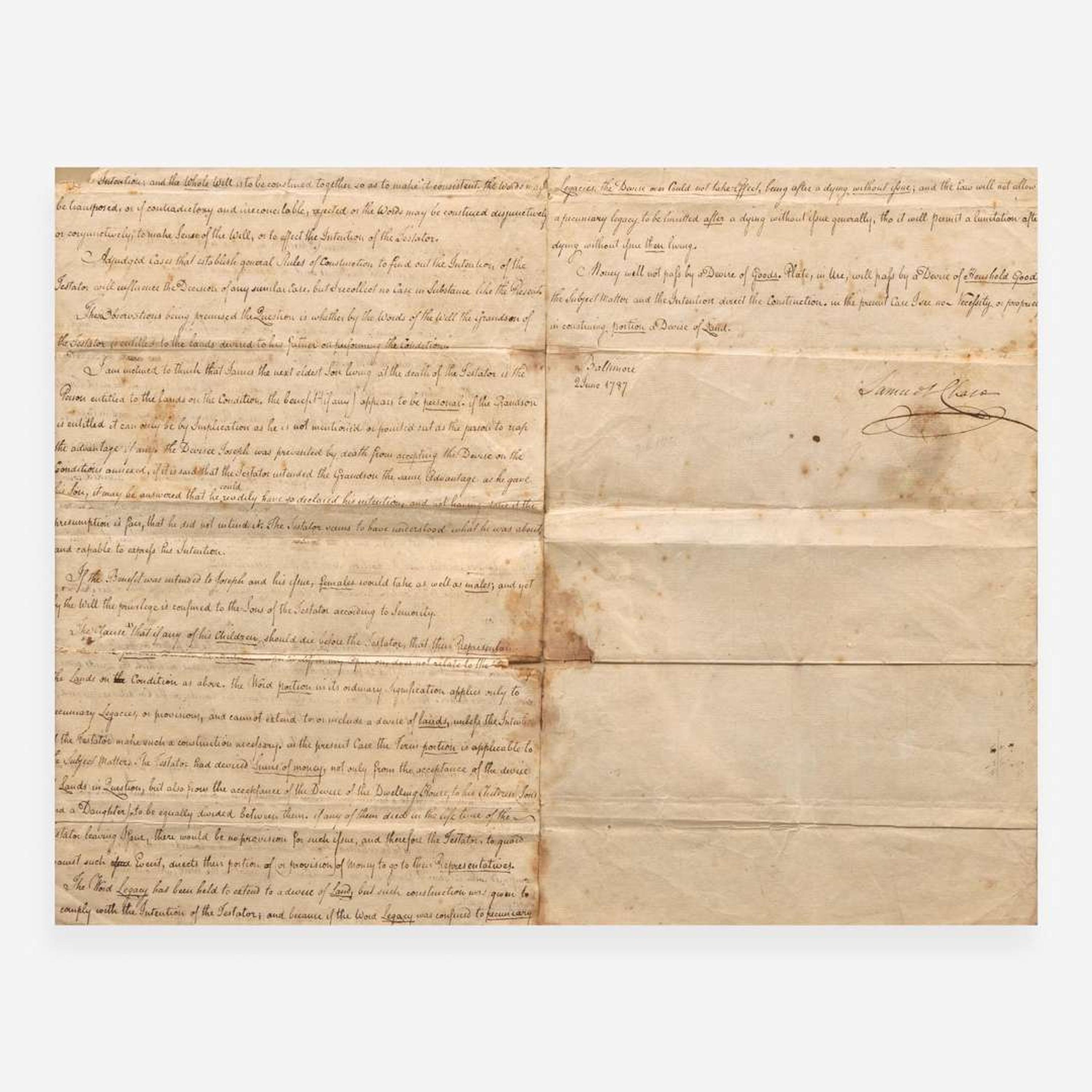 [Declaration of Independence] [Maryland] Chase, Samuel Manuscript Document, signed