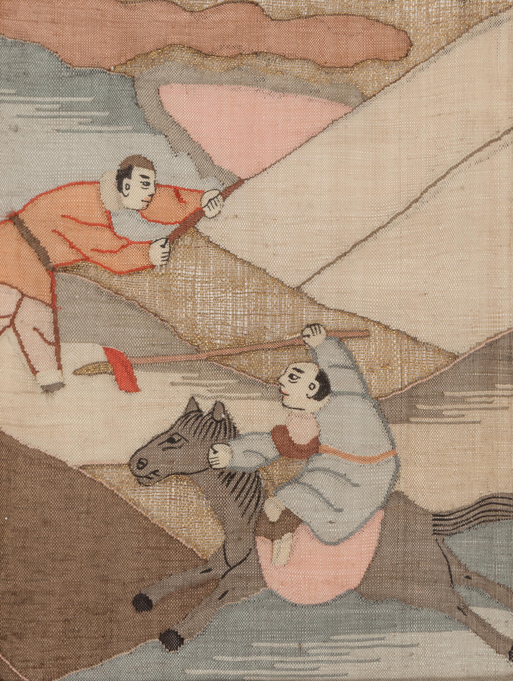 Eight Chinese Cream Ground Kesi Woven Silk Panels