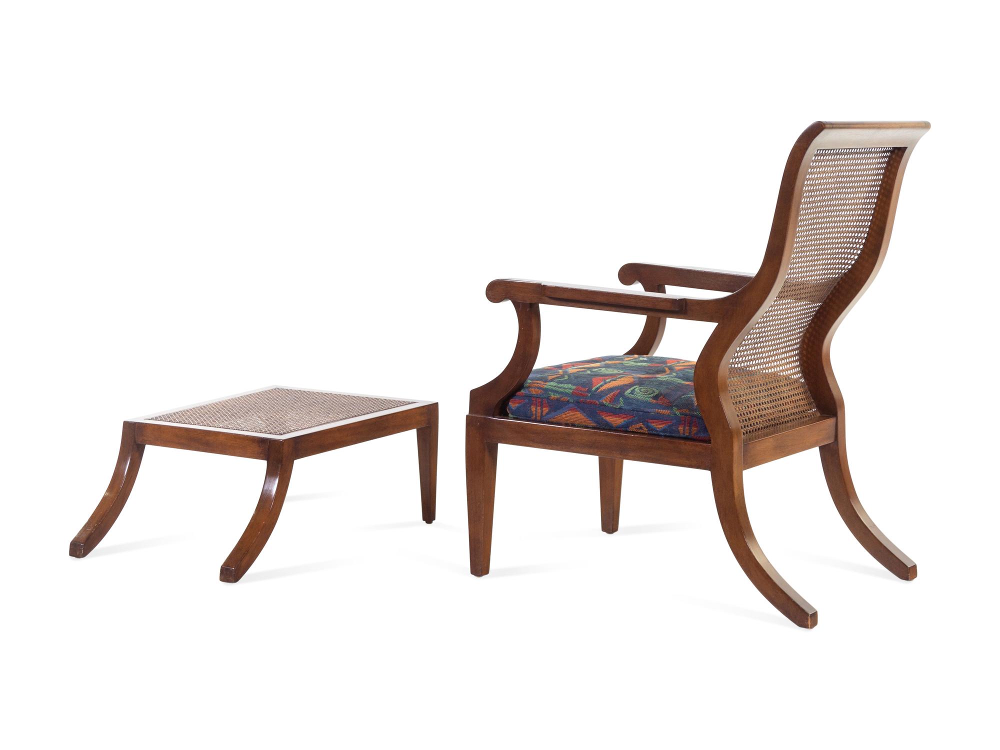 A Rose Tarlow Upholstered Mahogany Chelsea Chair and Ottoman