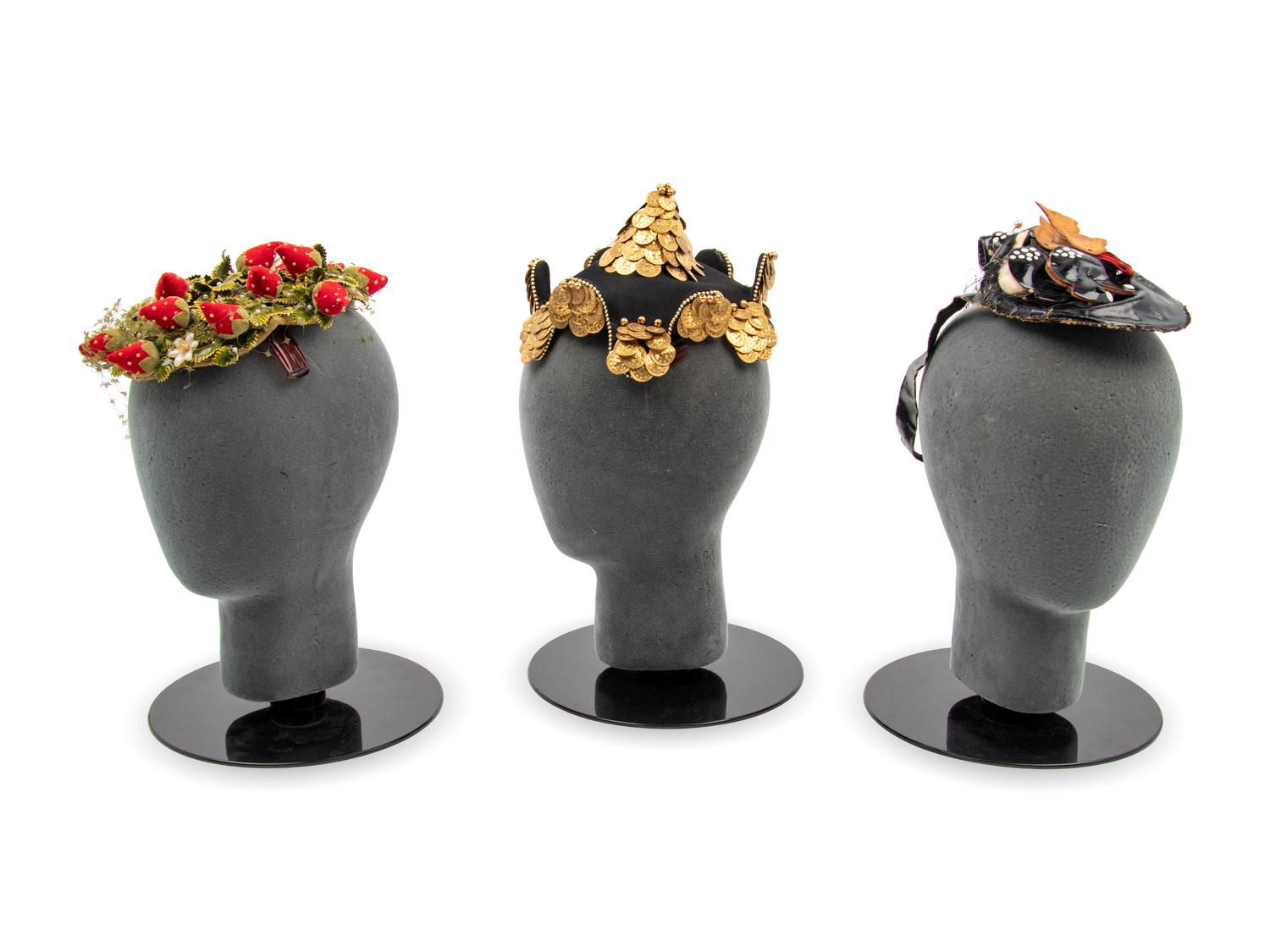 Three Bes-Ben Hats; One with Coins, One with Strawberries, One with Cats