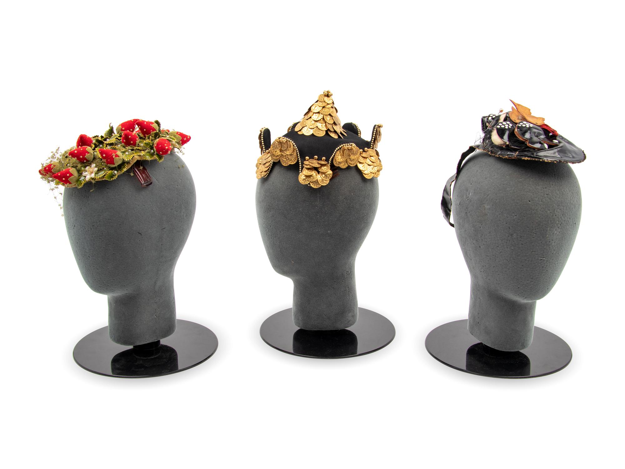 Three Bes-Ben Hats; One with Coins, One with Strawberries, One with Cats