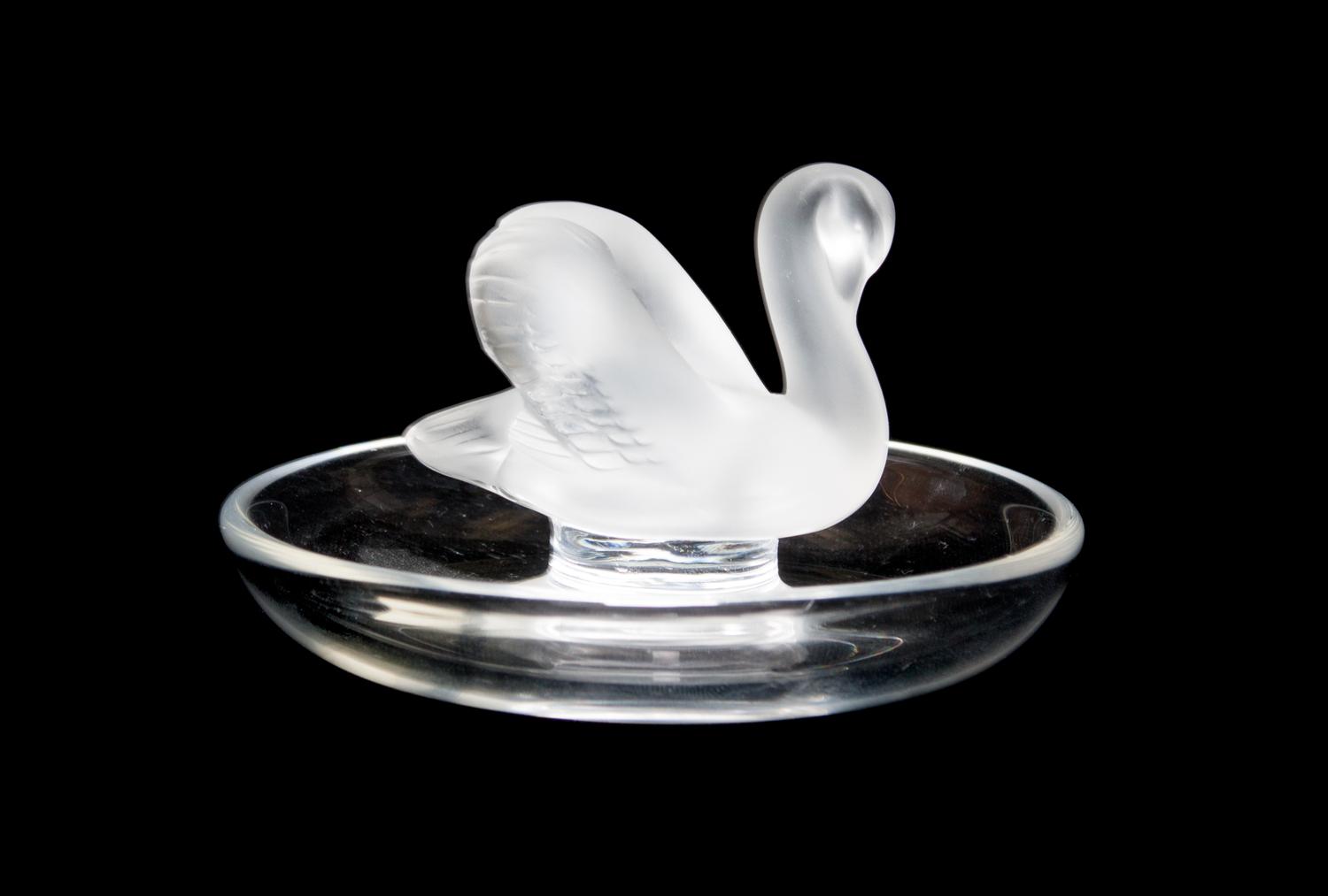 A Lalique Molded and Frosted Glass Ring Tray Height 2 x diameter 3 3/4 inches.