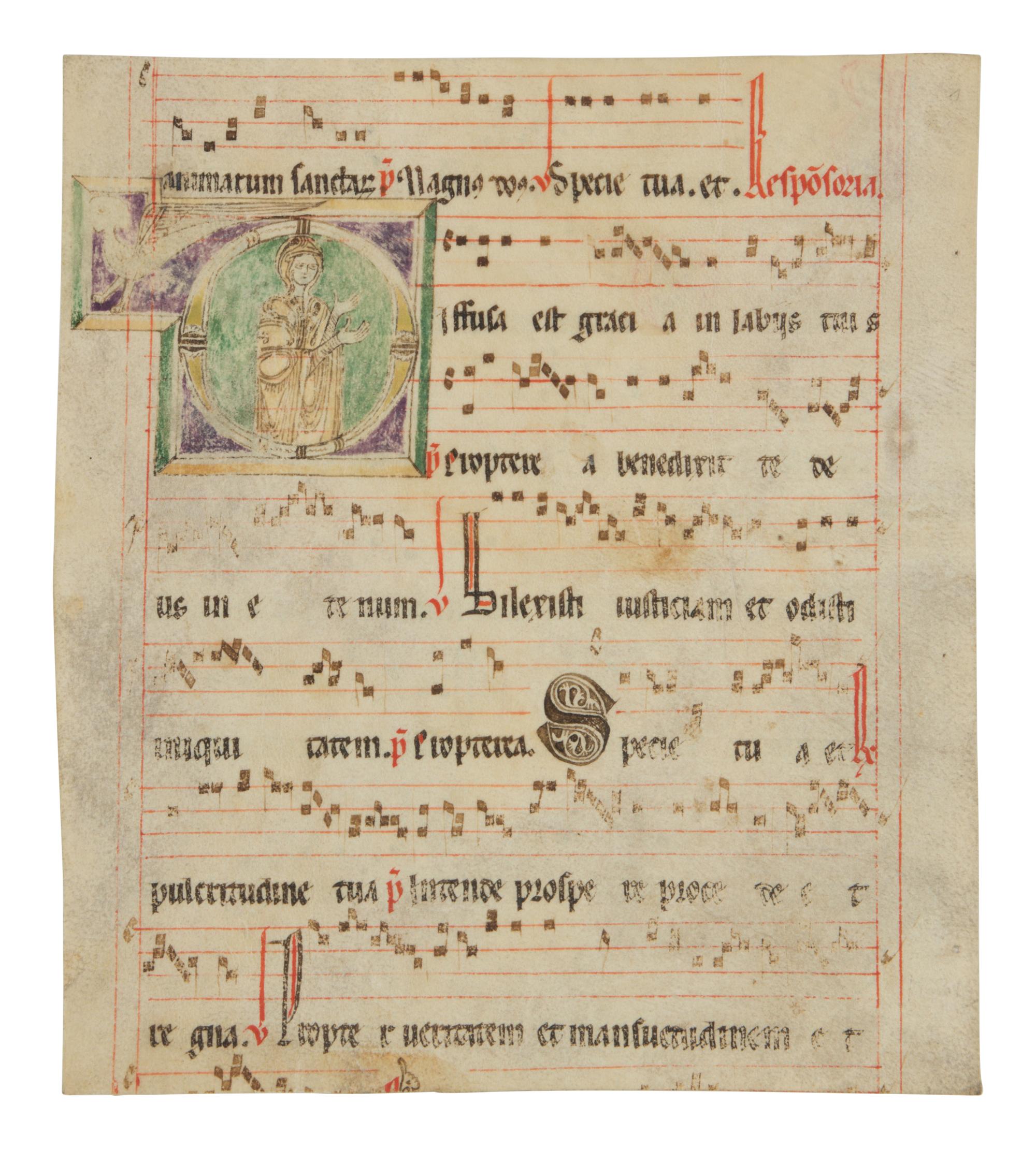 MOZARABIC ILLUMINATOR Leaf from a Mozarabic Antiphonary with a historiated initial ‘D’ depicting a female saint, in Latin, illuminated manuscript on parchment [Spain, first half(?) of the thirteenth century]