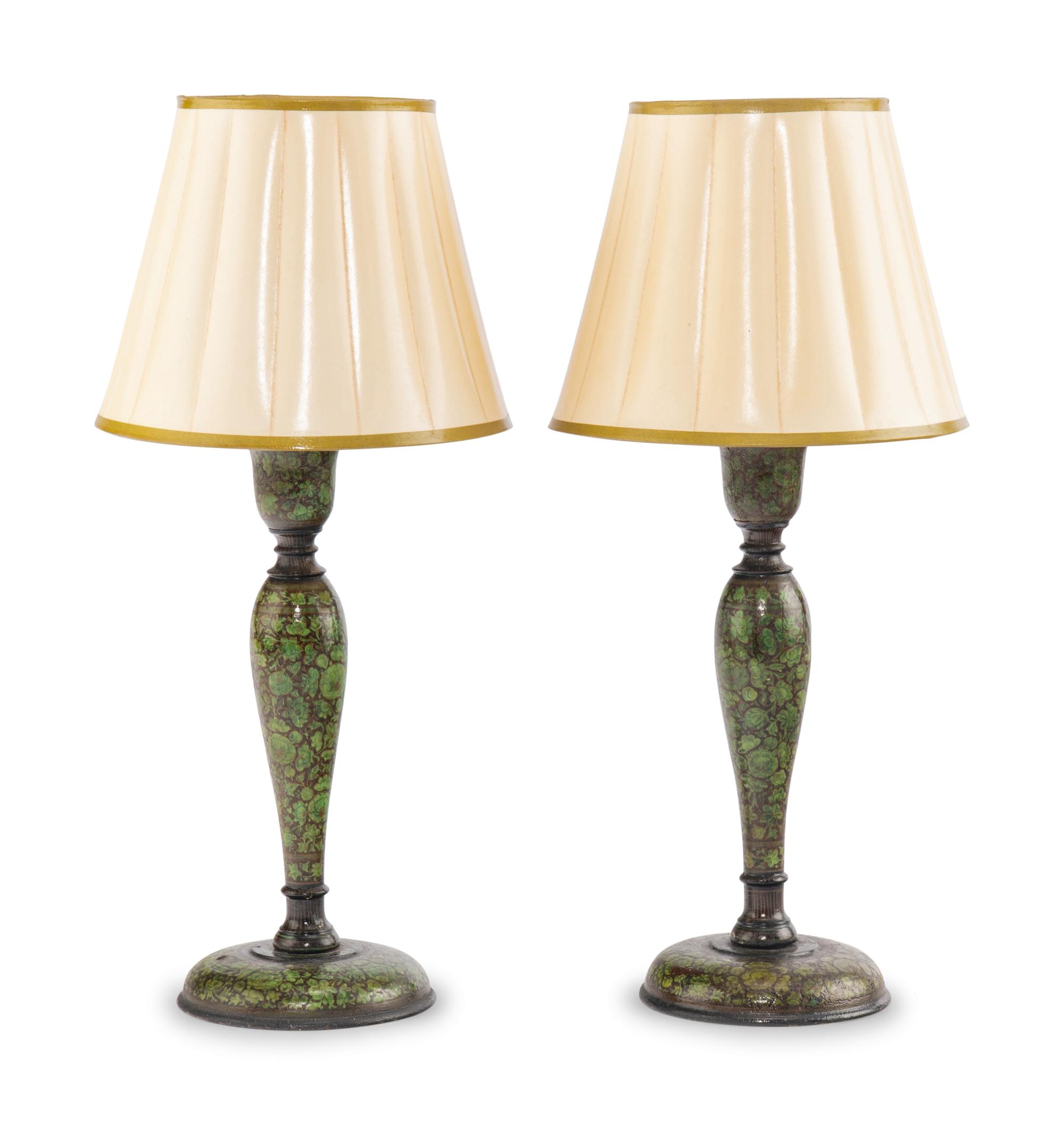 A Pair of Kashmiri Style Papier-Mâché Candlesticks Mounted as Lamps