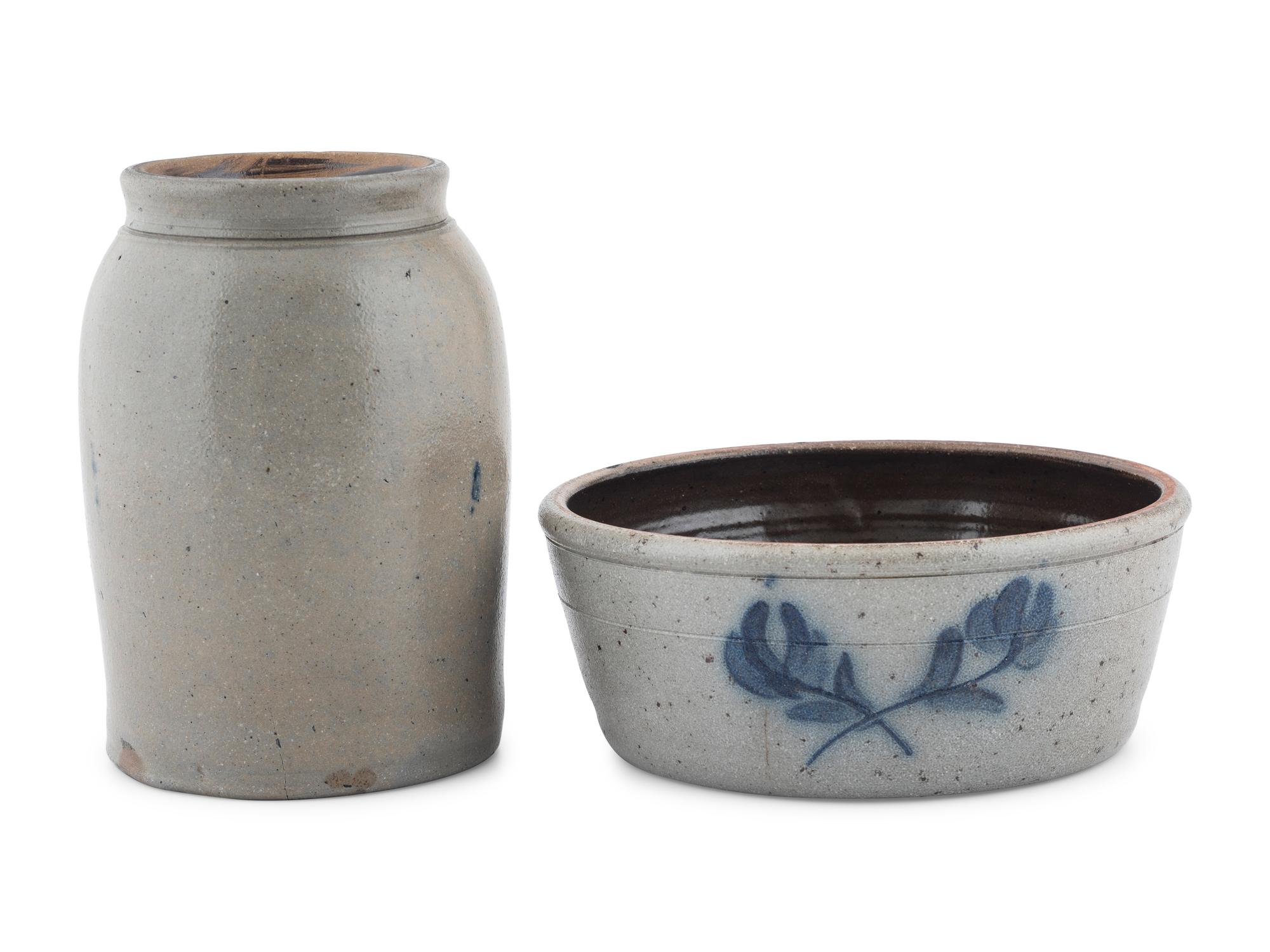 A Cobalt Decorated Stoneware Jar and Bowl