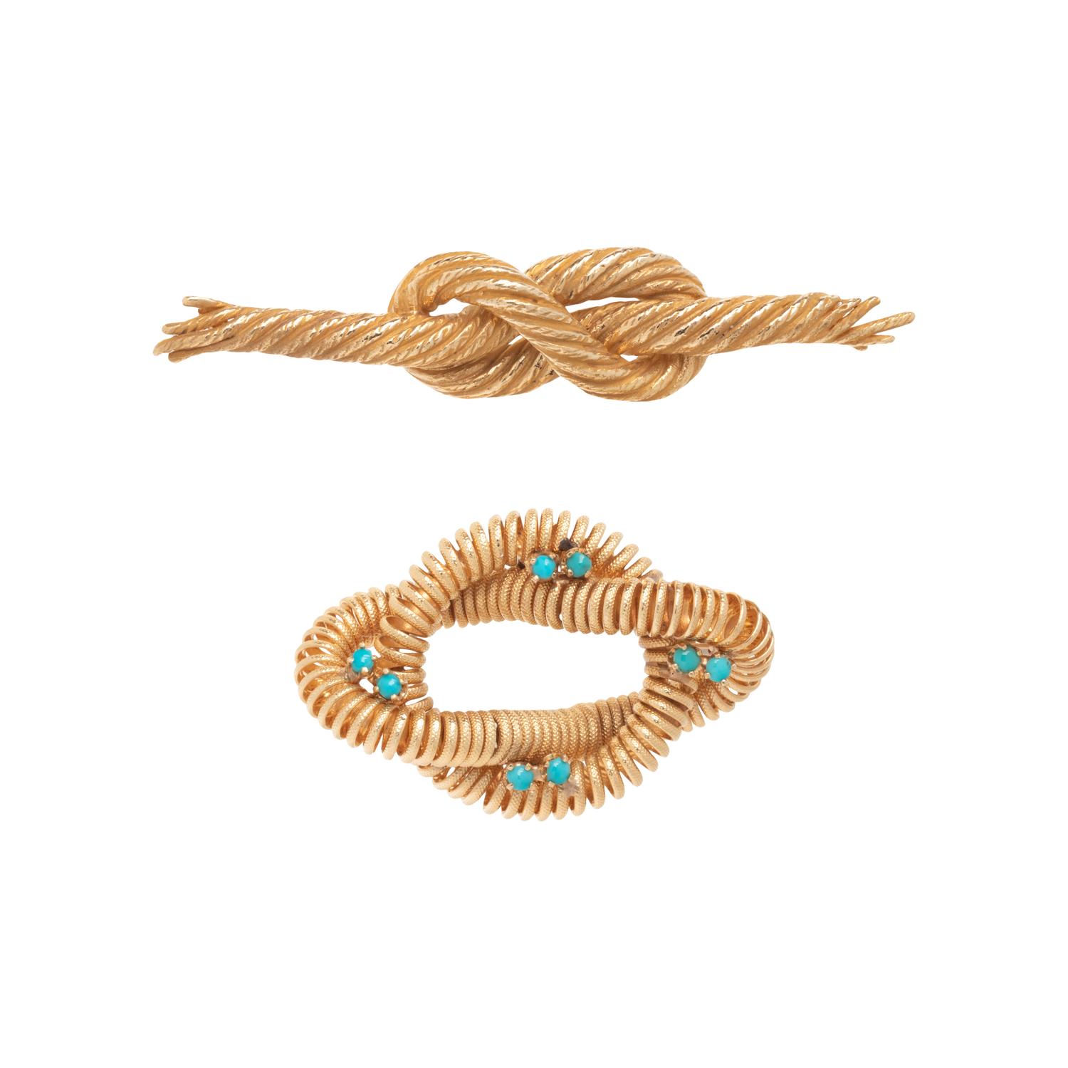 TWO YELLOW GOLD KNOT BROOCHES