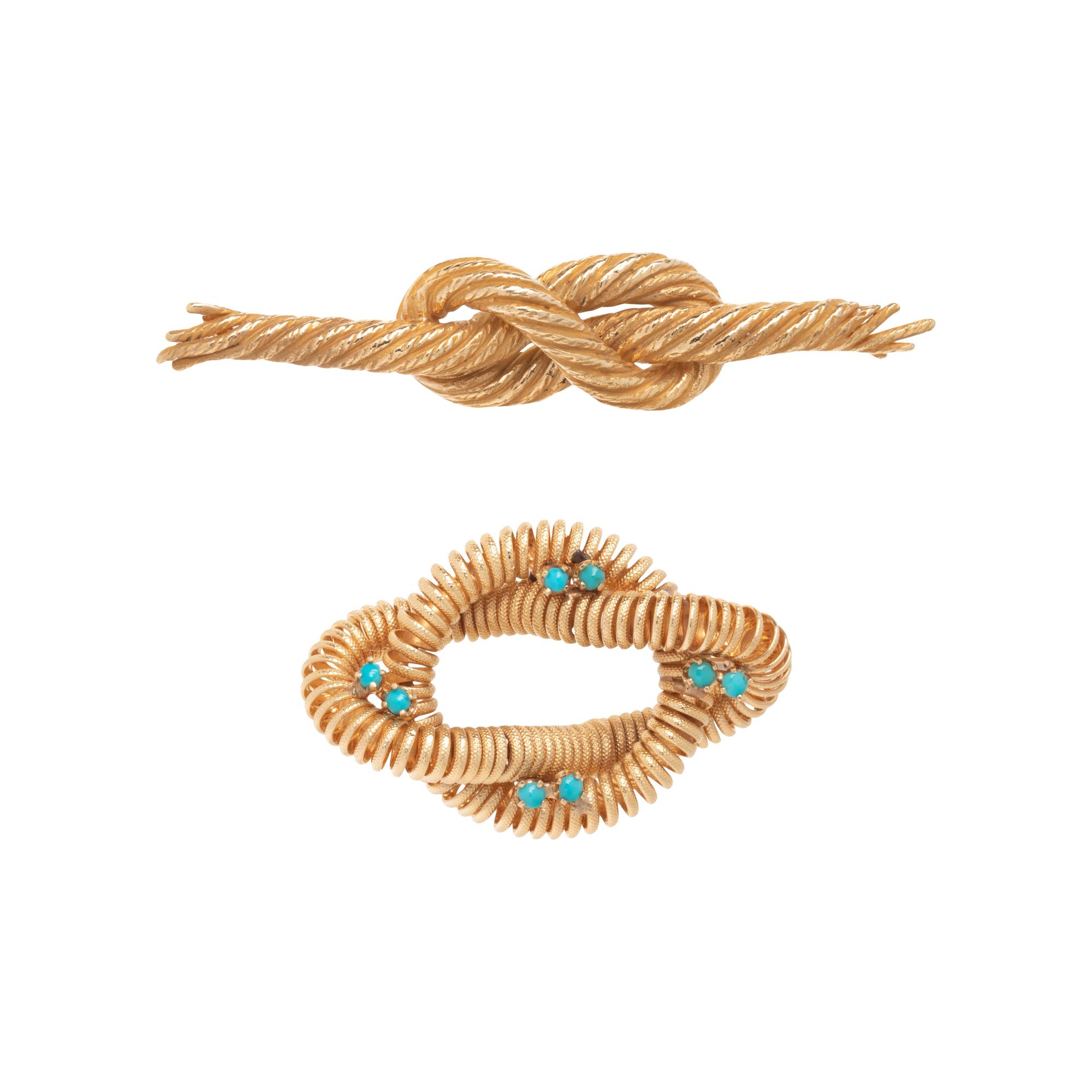 TWO YELLOW GOLD KNOT BROOCHES