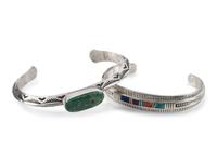 Navajo Slender Sterling Silver Cuff Bracelets, with Inlay