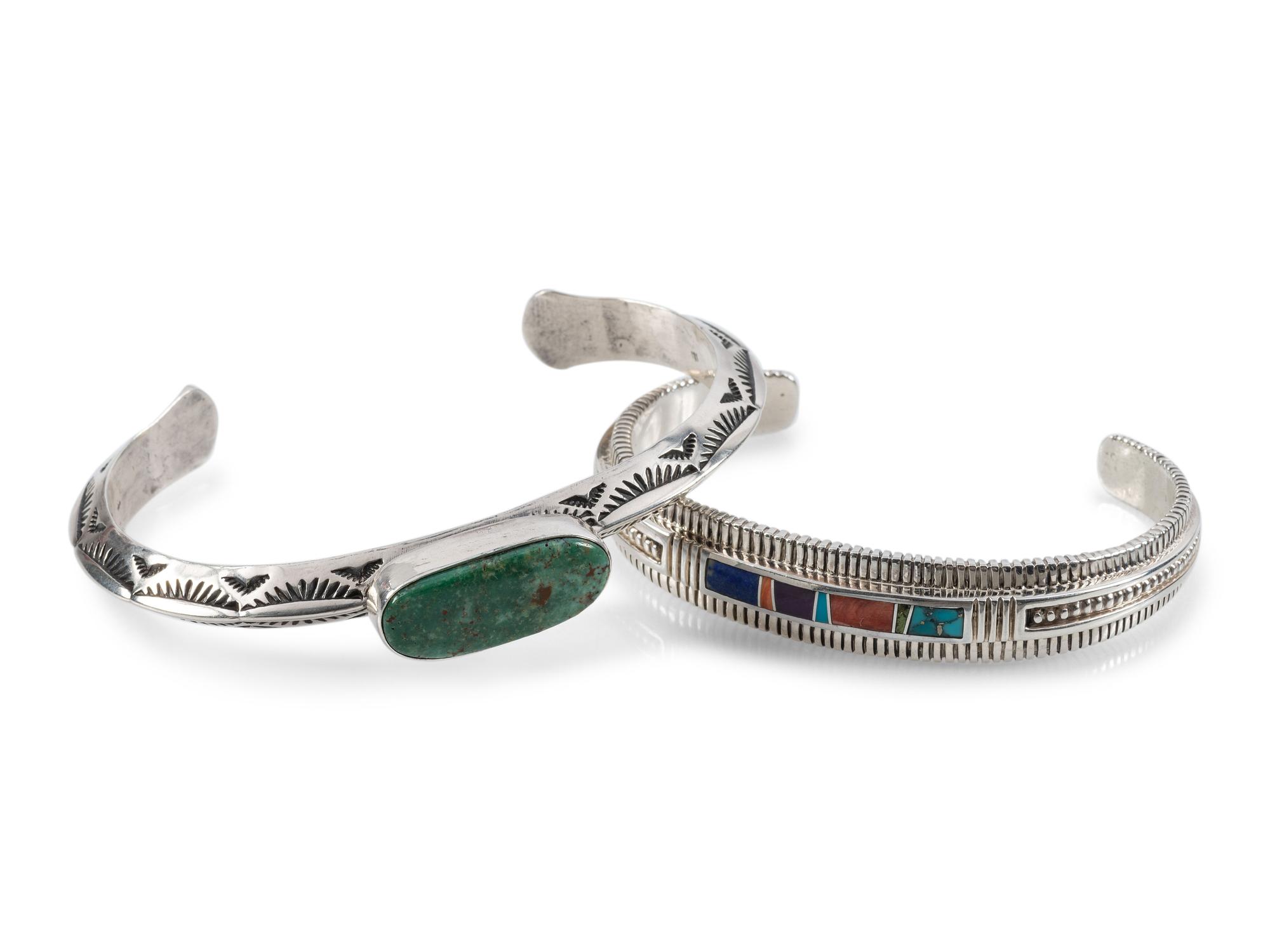 Navajo Slender Sterling Silver Cuff Bracelets, with Inlay