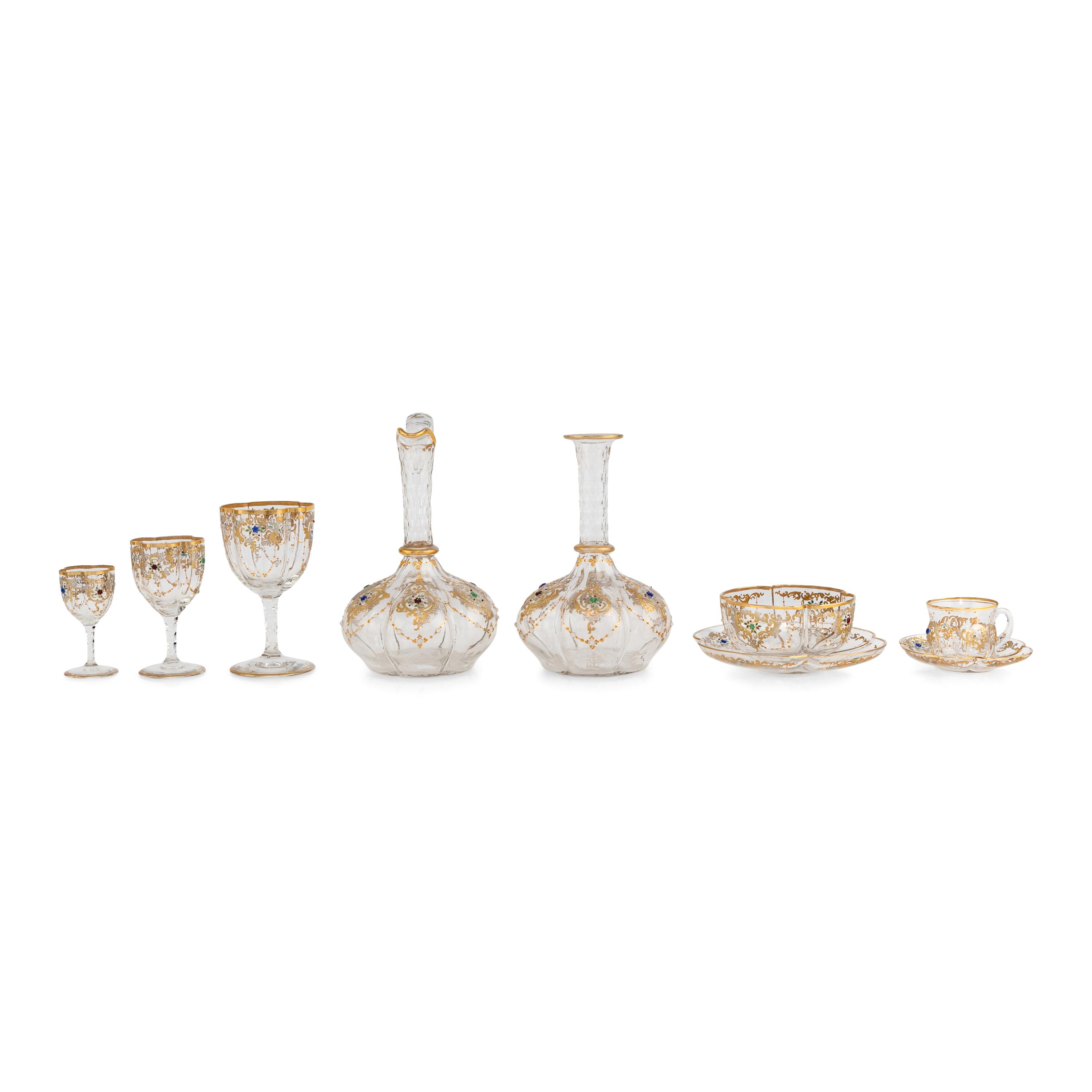 A Venetian Enameled and Gilt Decorated Glass Table Service