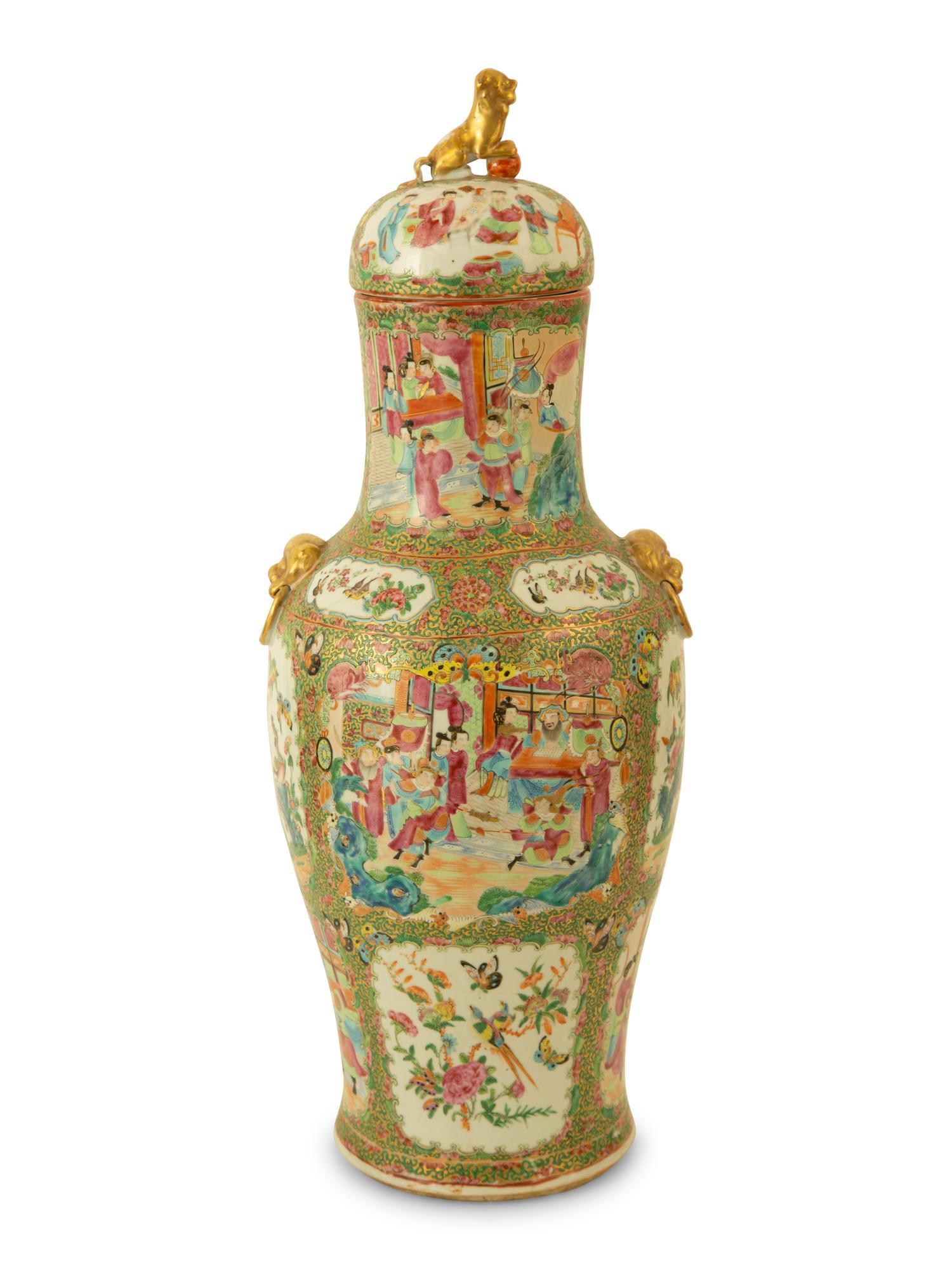 A Large Pair of Chinese Rose Medallion Porcelain Covered Urns