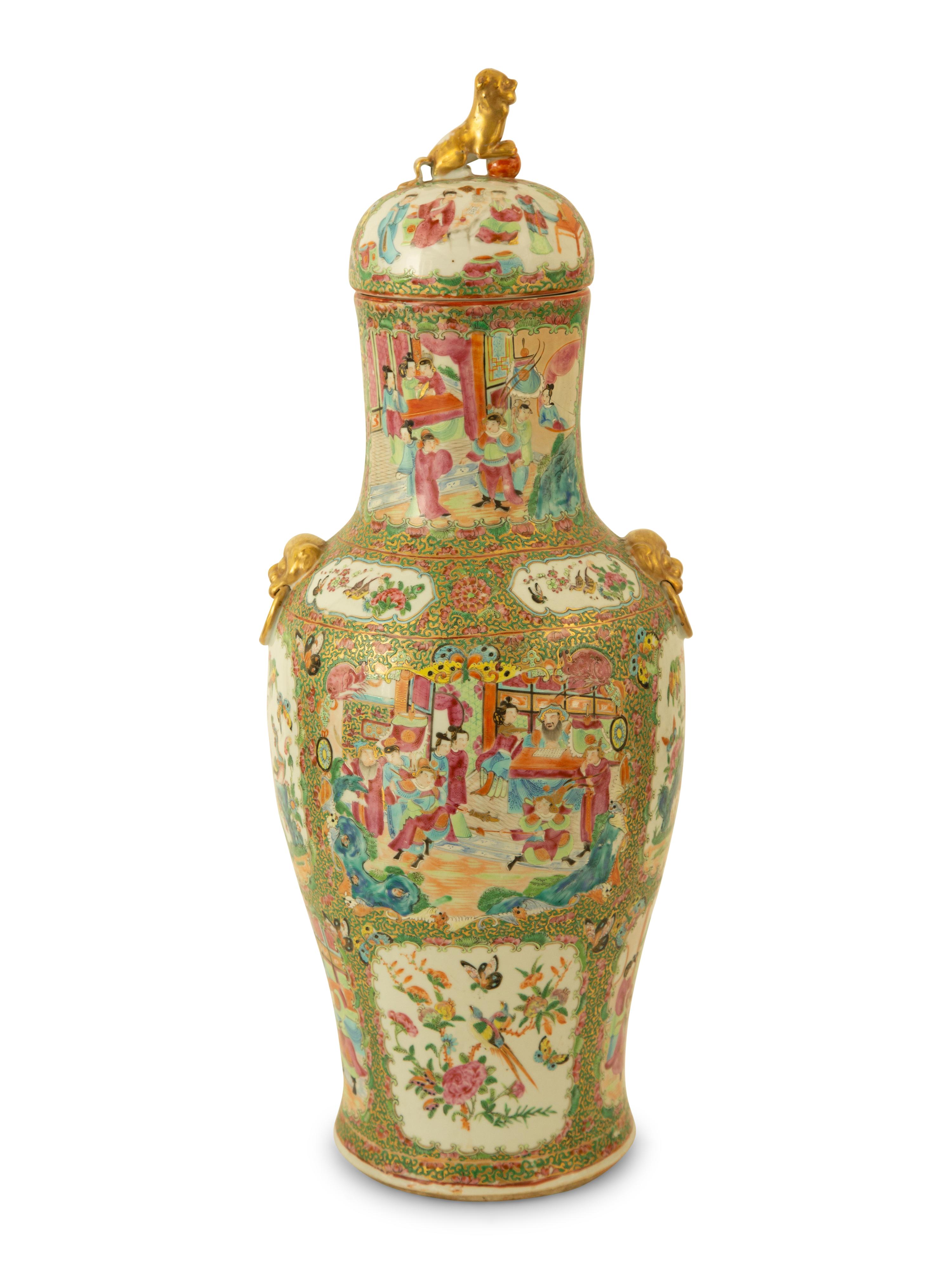 A Large Pair of Chinese Rose Medallion Porcelain Covered Urns