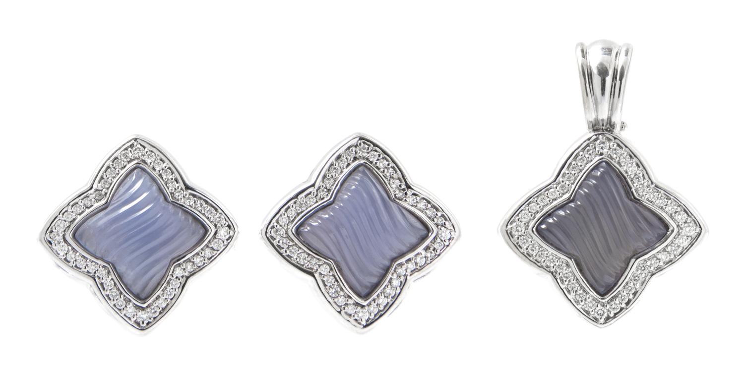 An 18 Karat White Gold, Blue Chalcedony and Diamond Quatrefoil Demi Parure, David Yurman, 30.20 dwts.