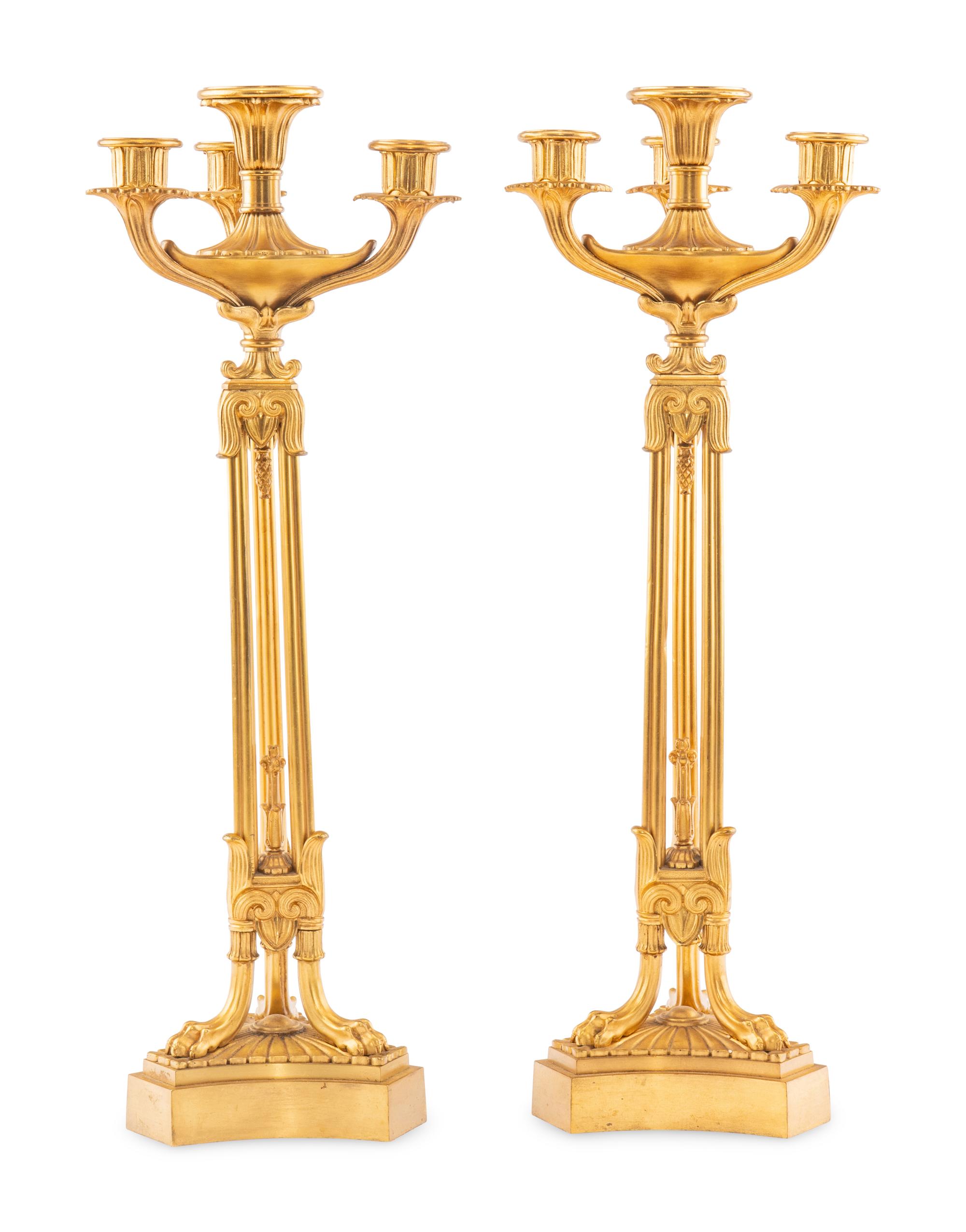 A Pair of Neoclassical Style Gilt-Bronze Four-Light Candelabra