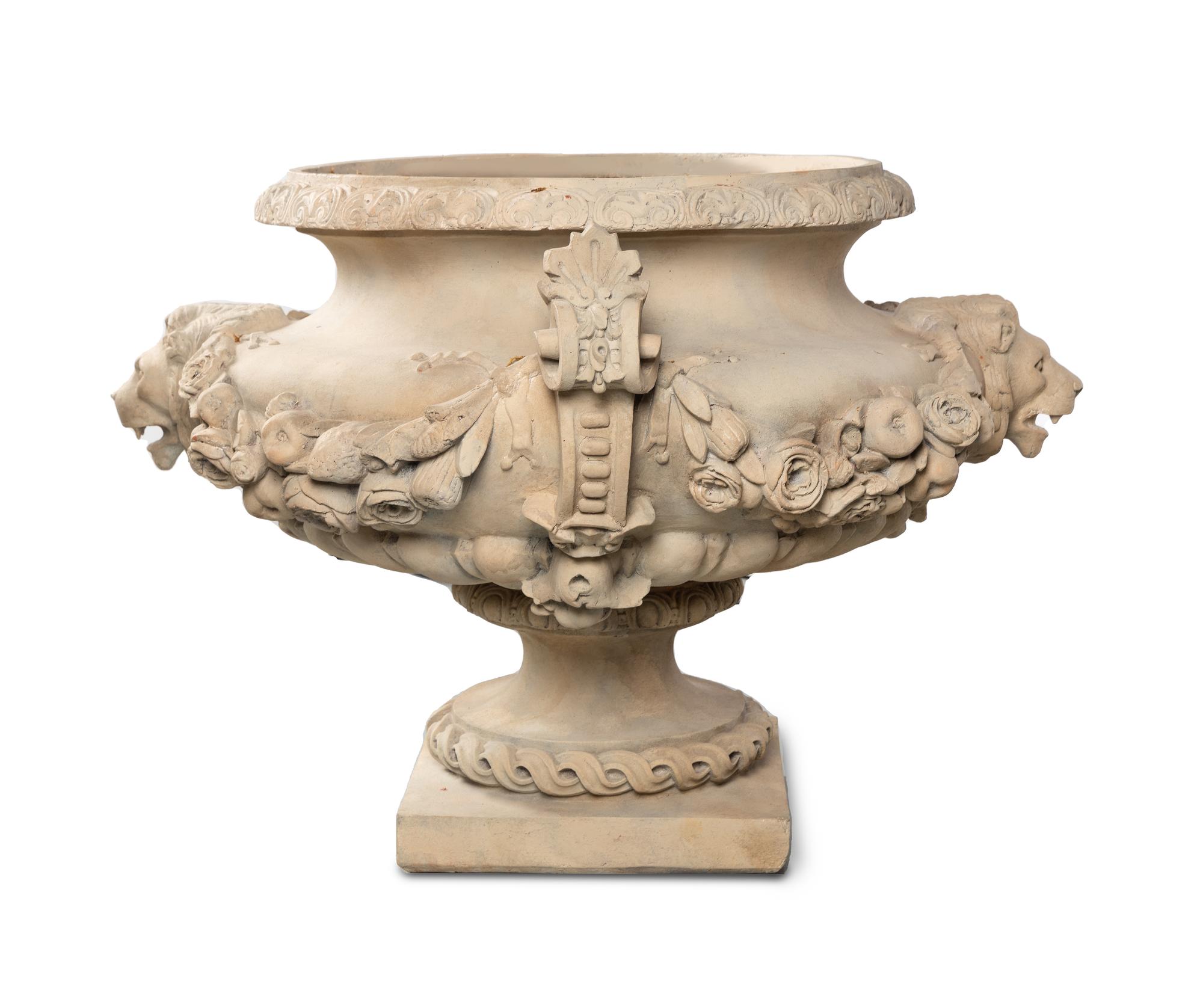 A Pair of Massive Neoclassical Style Terracotta Urns with Plinths