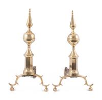 A Pair of Federal Brass Steeple Top Andirons