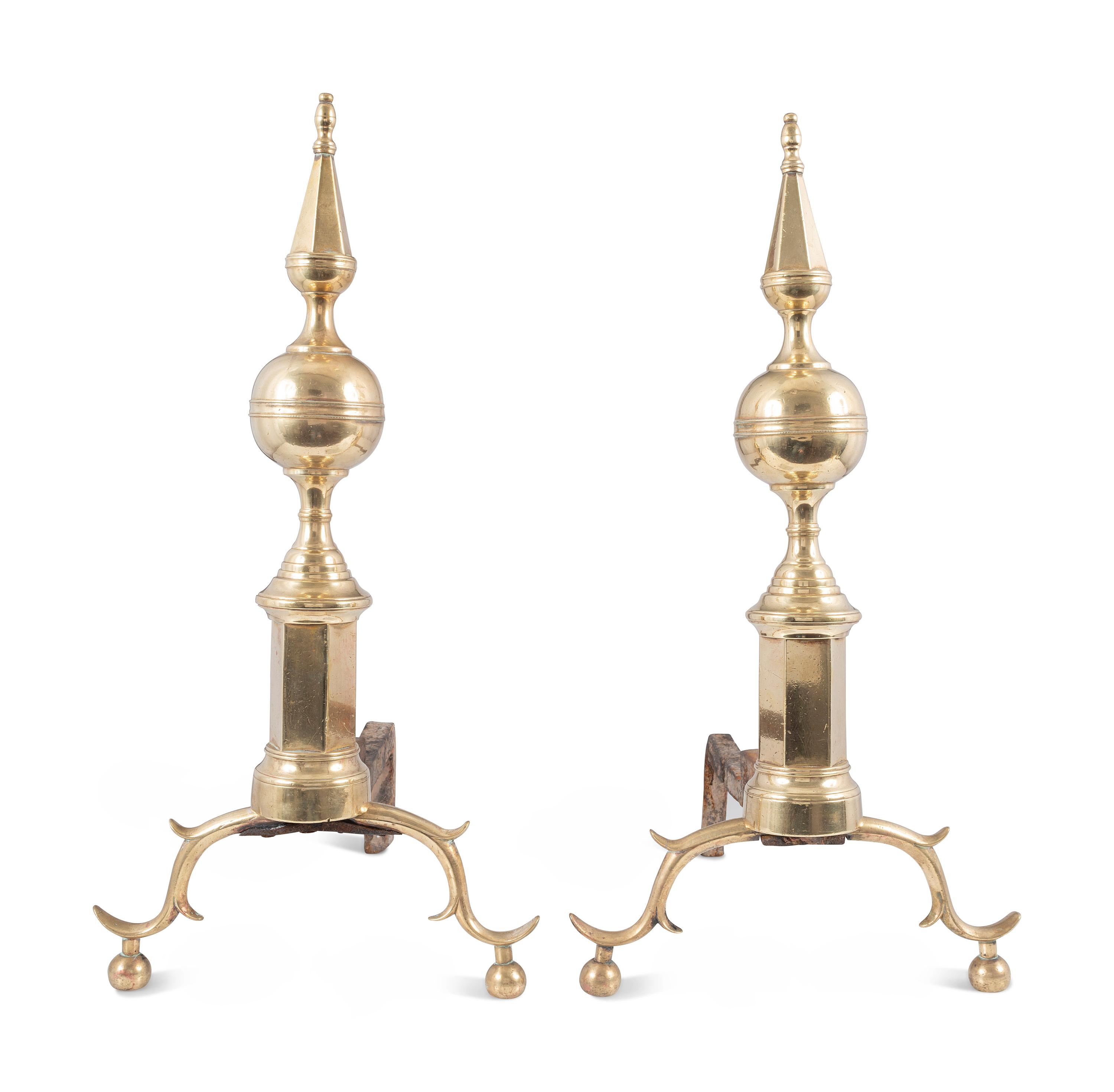 A Pair of Federal Brass Steeple Top Andirons