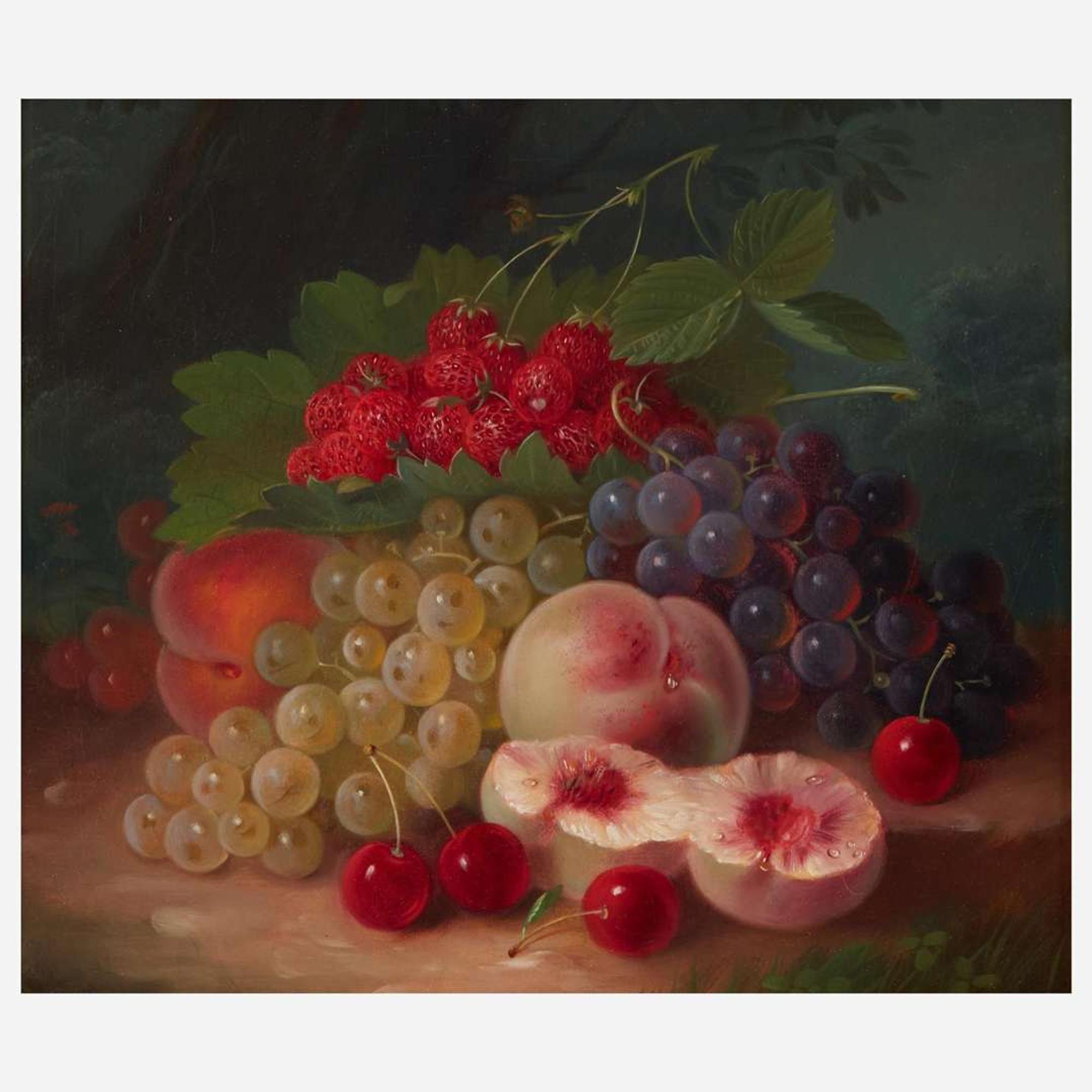 George Forster (American, 1817–1896) Still Life with Peaches, Strawberries, Grapes and Cherries in a Landscape