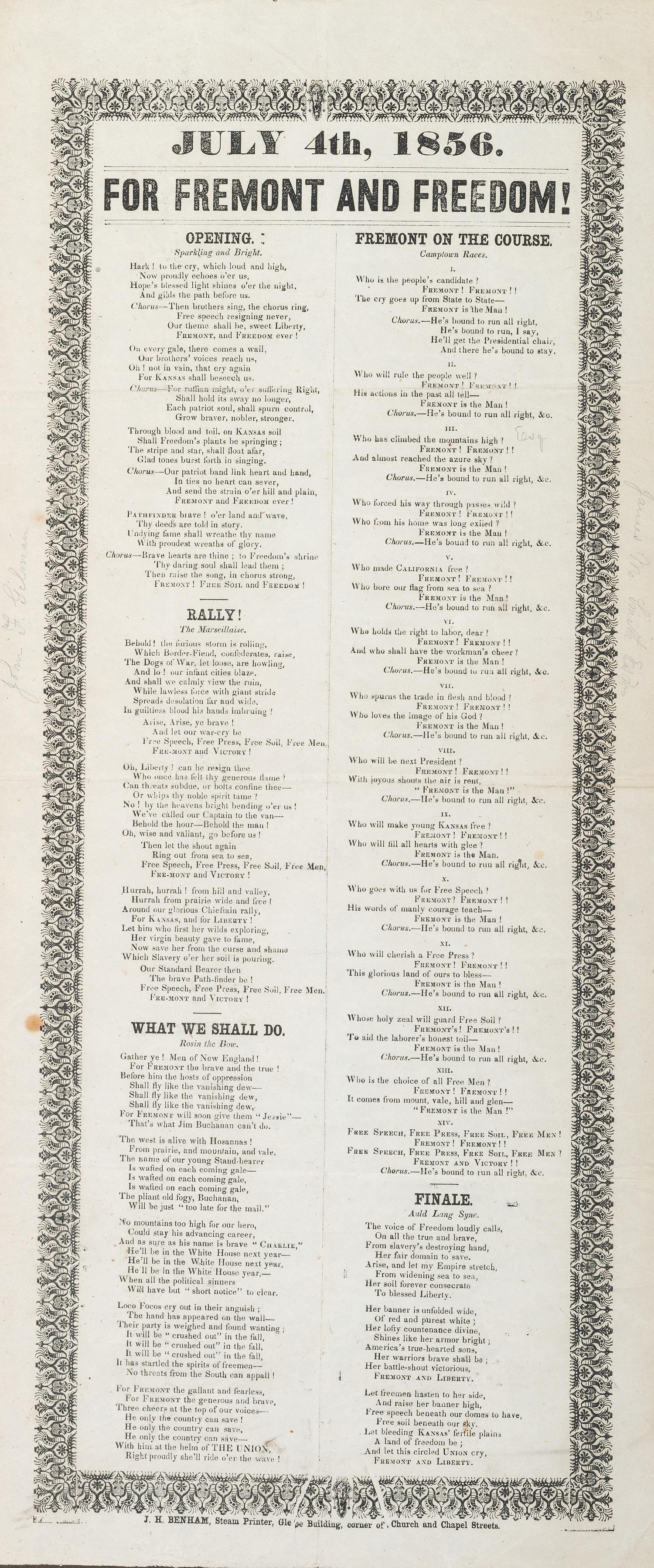 [POLITICS] -- [FREMONT, John C. (1813-1890)]. July 4th, 1856, For Fremont and Freedom! [New Haven, CT]: J.H. Benham, 1856.