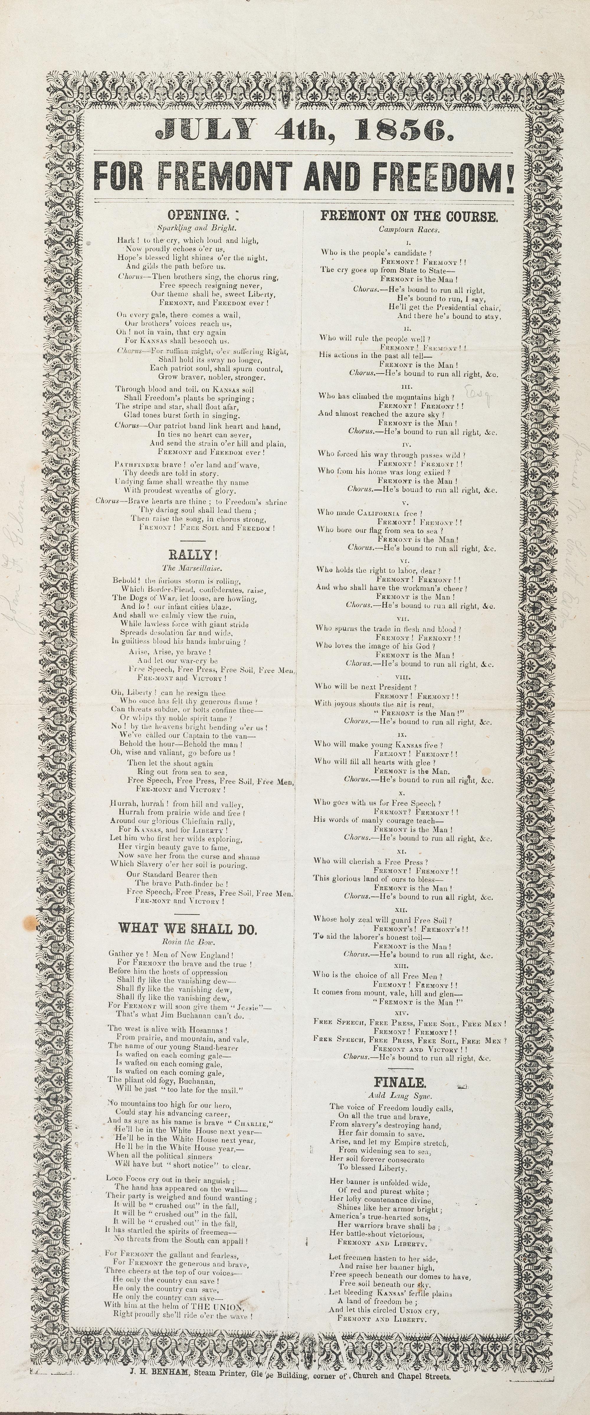 [POLITICS] -- [FREMONT, John C. (1813-1890)]. July 4th, 1856, For Fremont and Freedom! [New Haven, CT]: J.H. Benham, 1856.