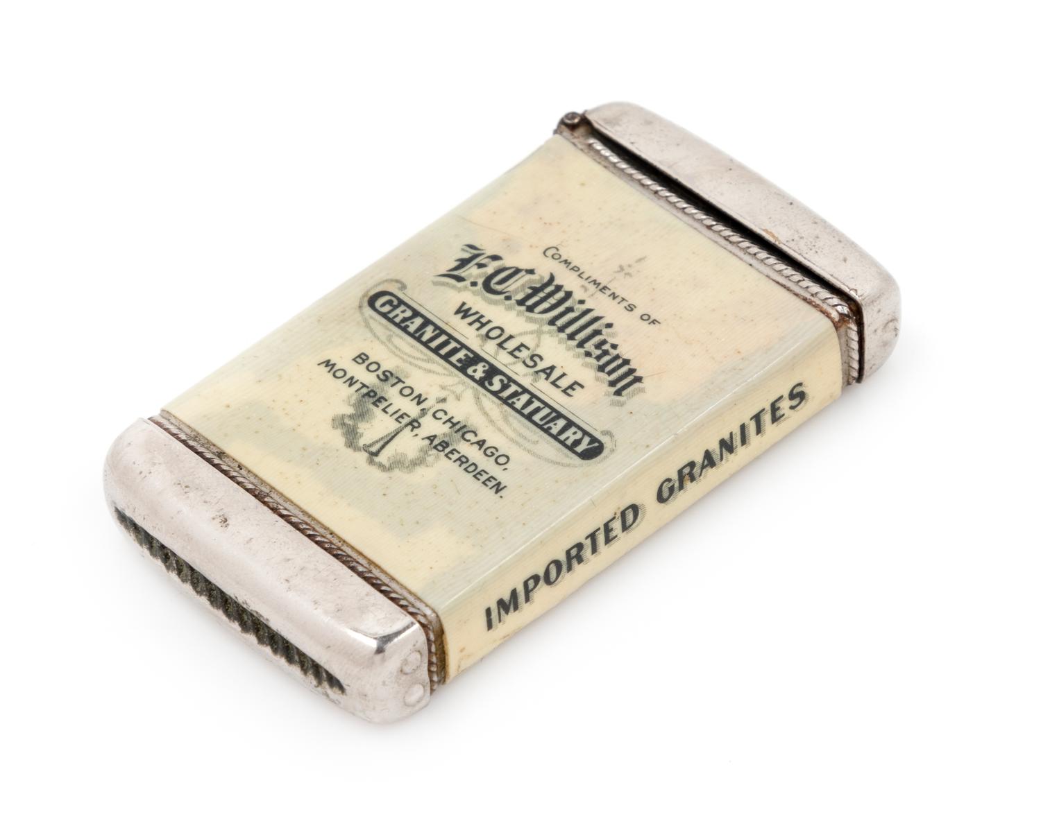 An American Celluloid and Mixed Metal Advertisement Match Safe Height 2 3/4 inches. — LATE 19TH CENTURY