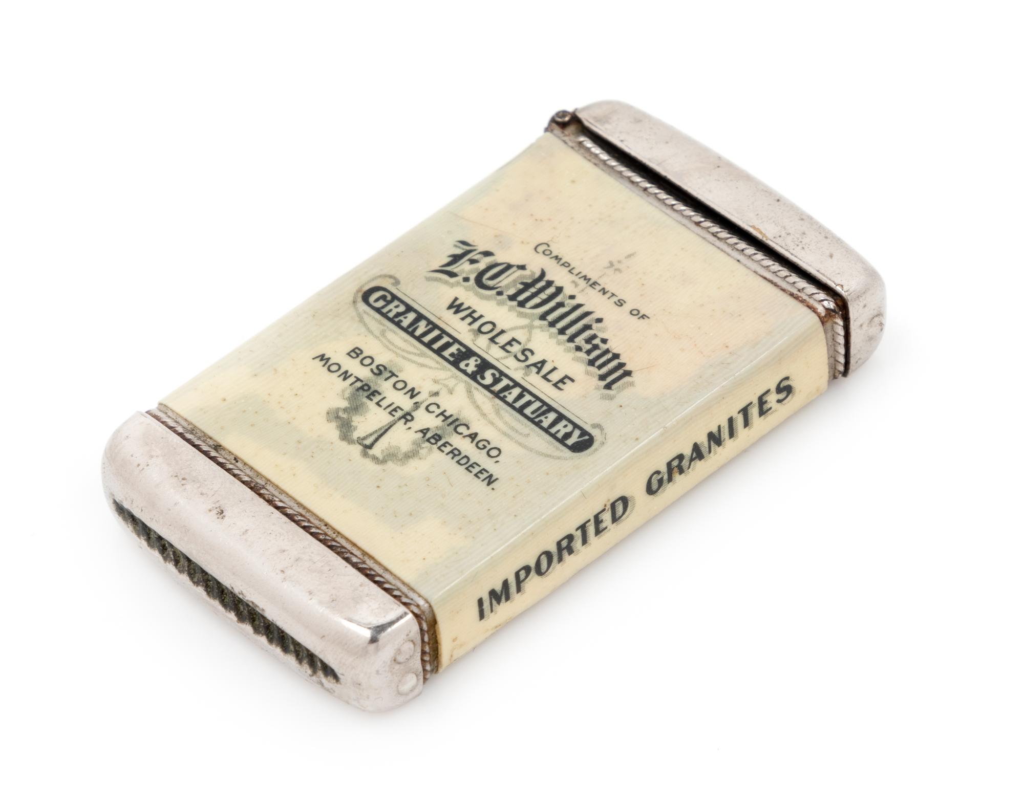 An American Celluloid and Mixed Metal Advertisement Match Safe Height 2 3/4 inches. — LATE 19TH CENTURY