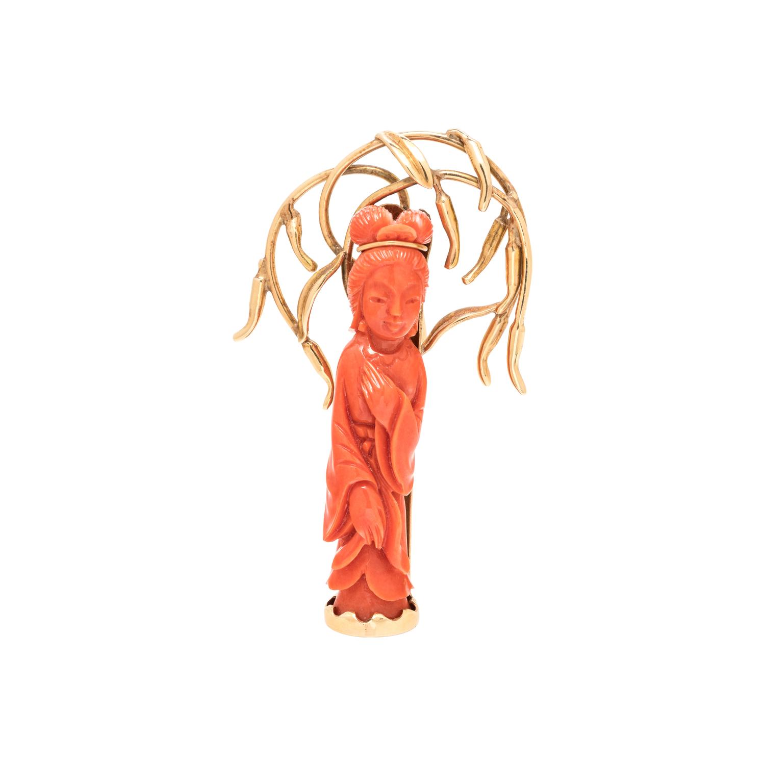 YELLOW GOLD AND CARVED CORAL BROOCH