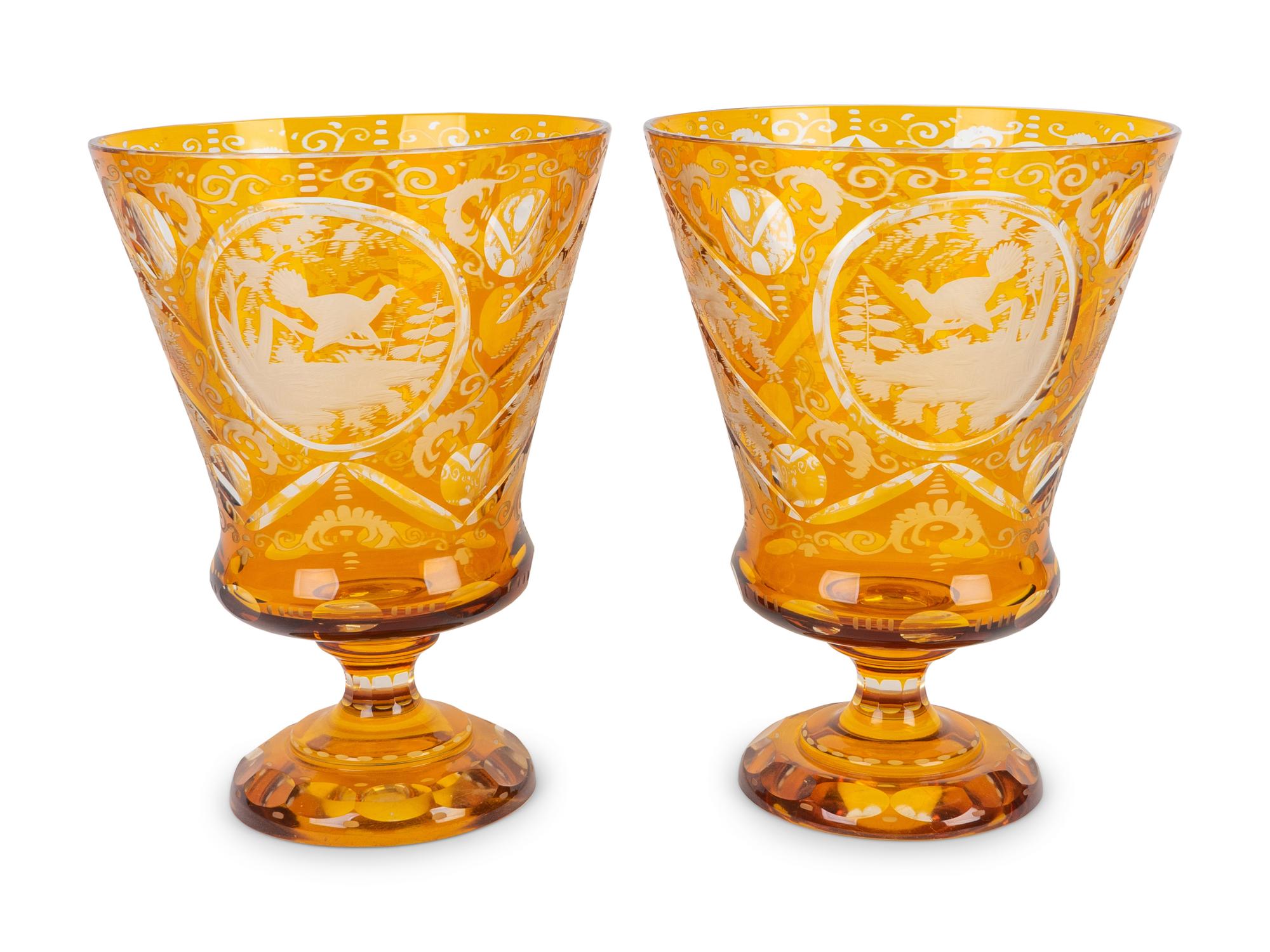 A Pair of Bohemian Amber Cut-to-Clear Footed Vases — 19TH/20TH CENTURY