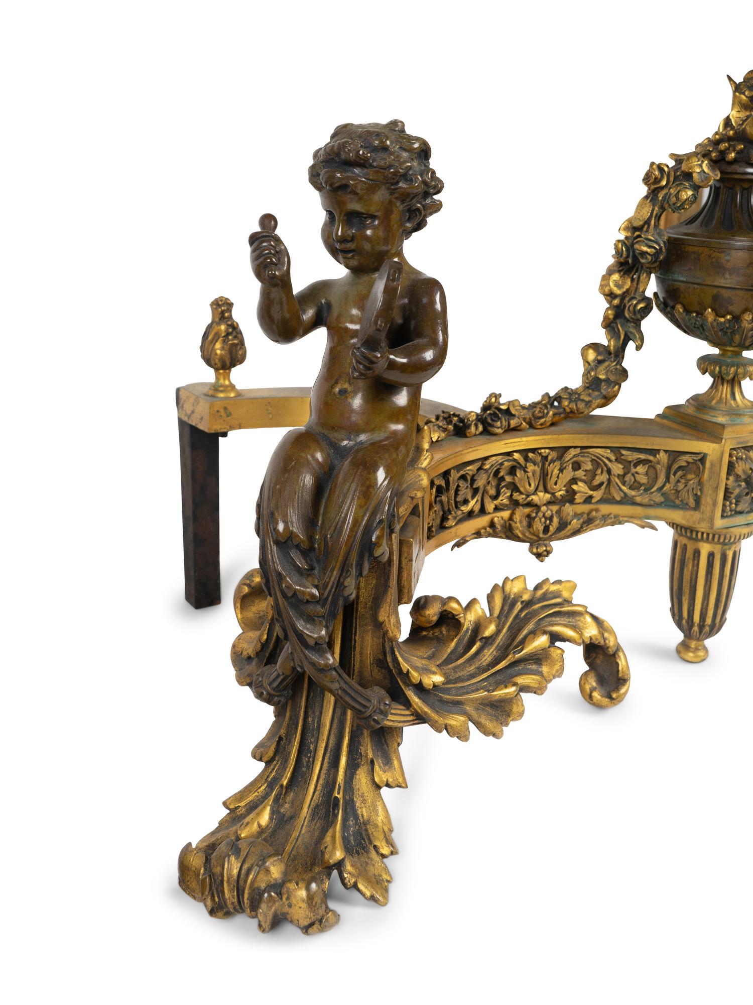 A Pair of Louis XV Style Bronze and Gilt Bronze Chenets — 19TH CENTURY